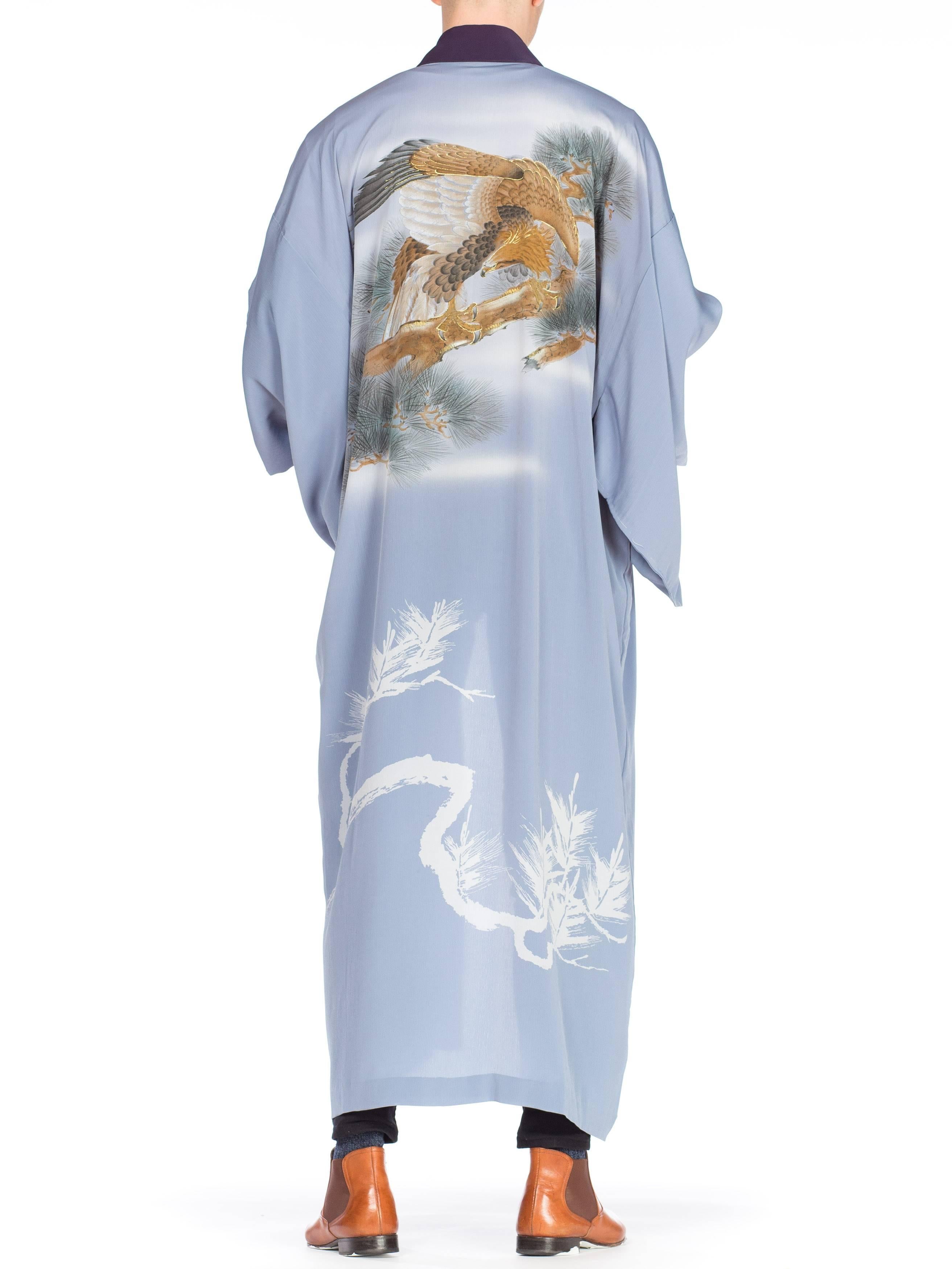 Hand Painted Dusty Blue Kimono with Metallic Falcon Botanical Scene In Excellent Condition In New York, NY