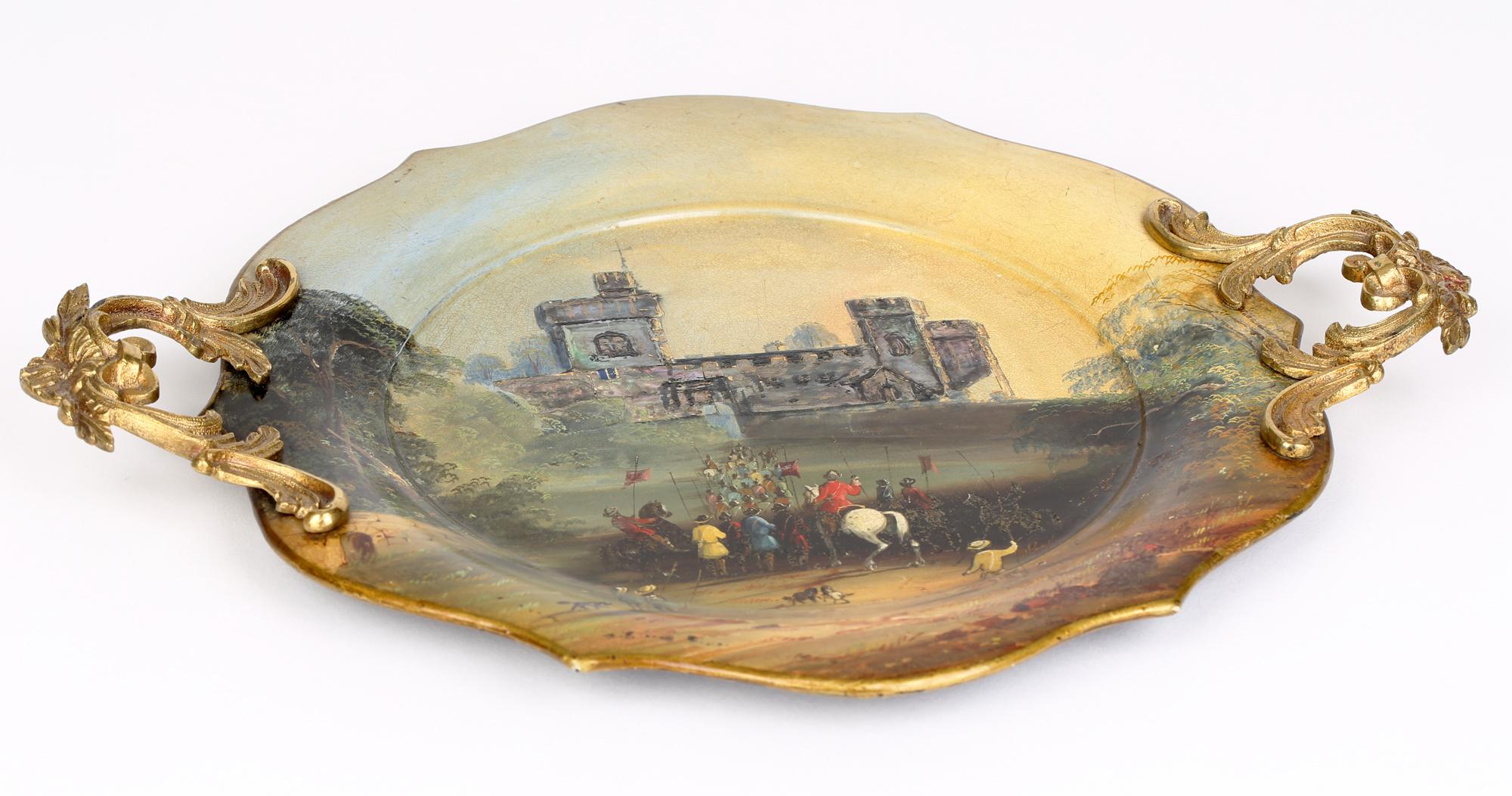 Plateau en laiton rococo avec poignée en papier mâché, peint à la main, début de l'ère victorienne en vente 2