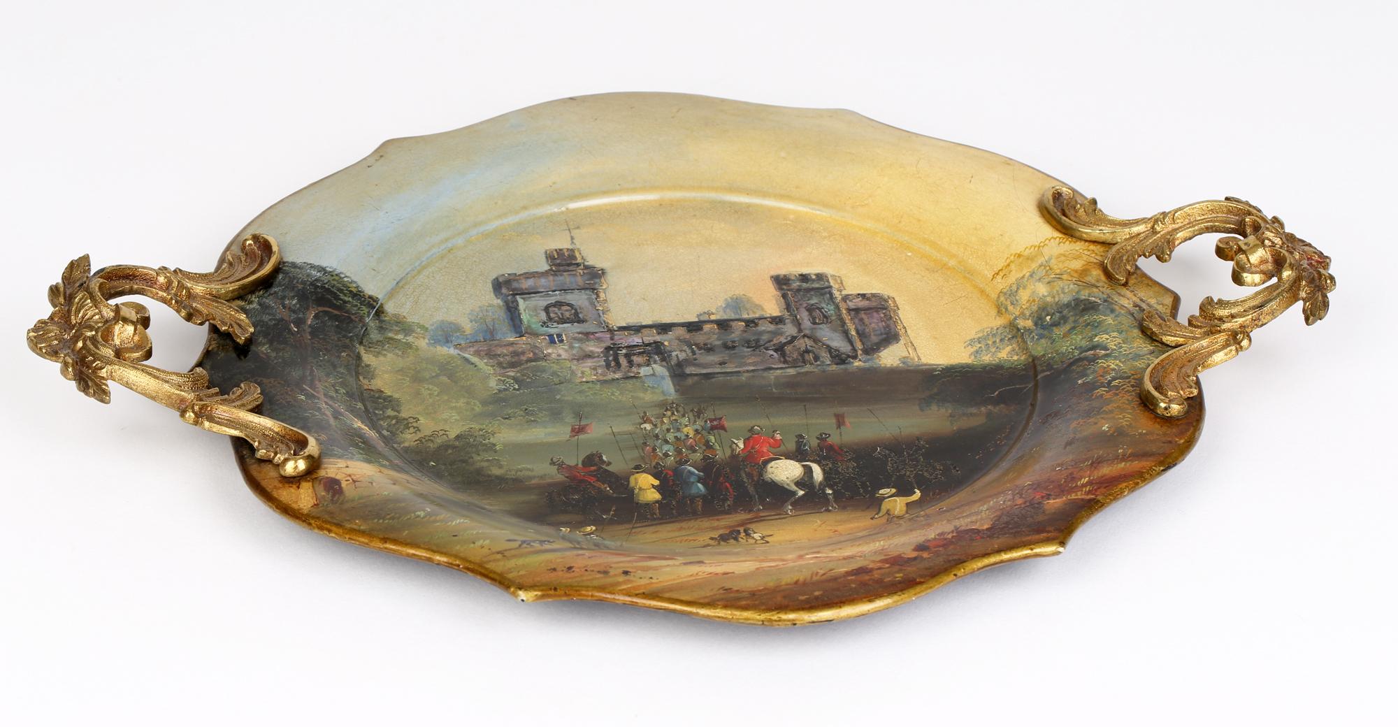 Mid-19th Century Hand Painted Early Victorian Brass Rococo Handled Papier Mache Tray For Sale