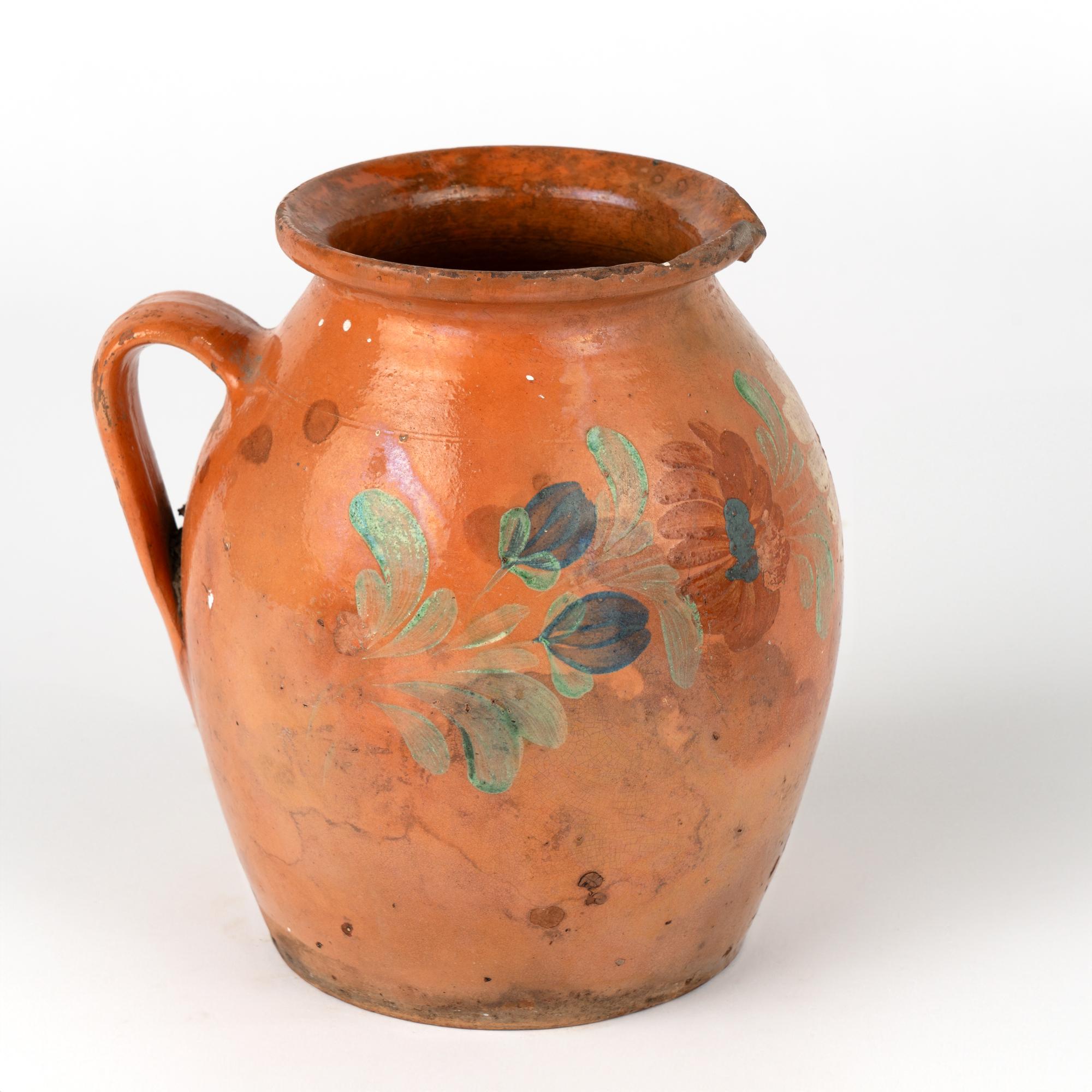 Rustic Hand Painted Earthenware Pitcher Pottery, circa 1900's For Sale