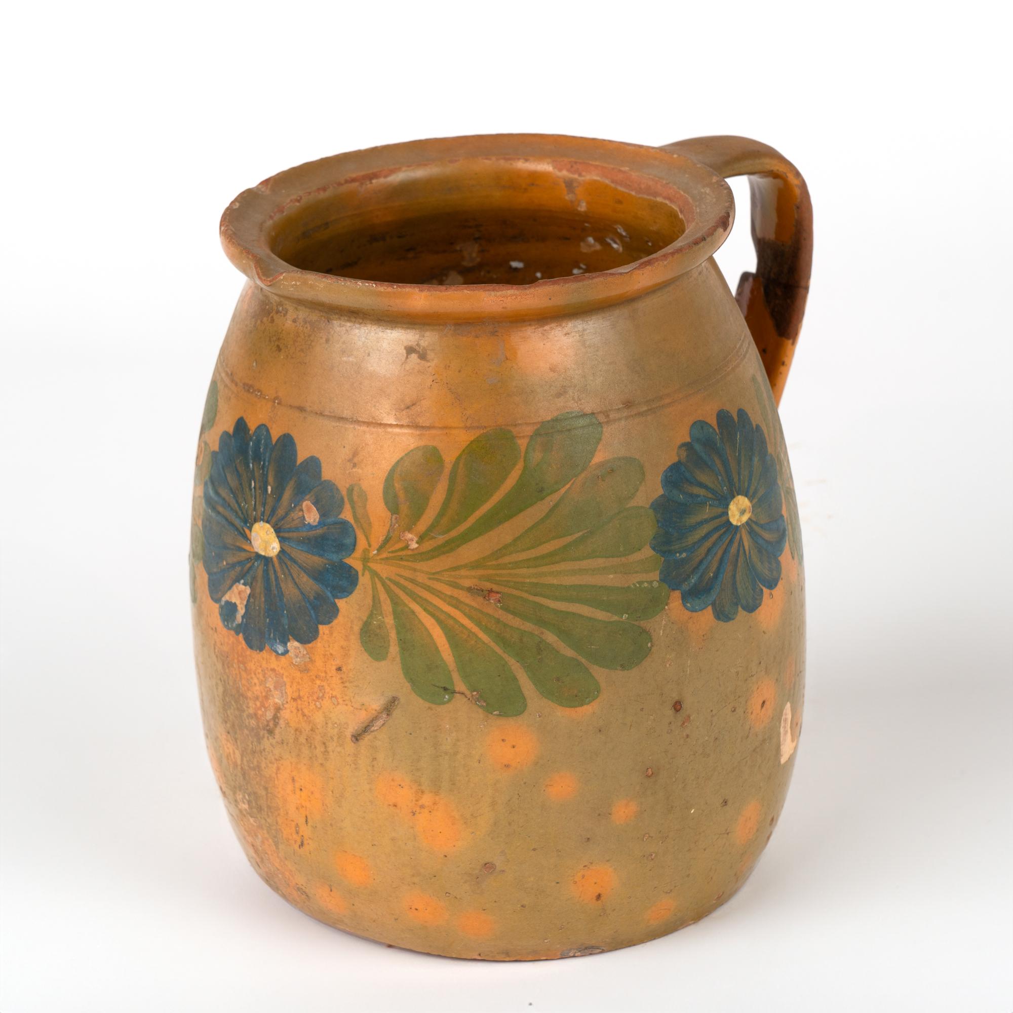 Hungarian Hand Painted Earthenware Pottery Pitcher, circa 1900's For Sale