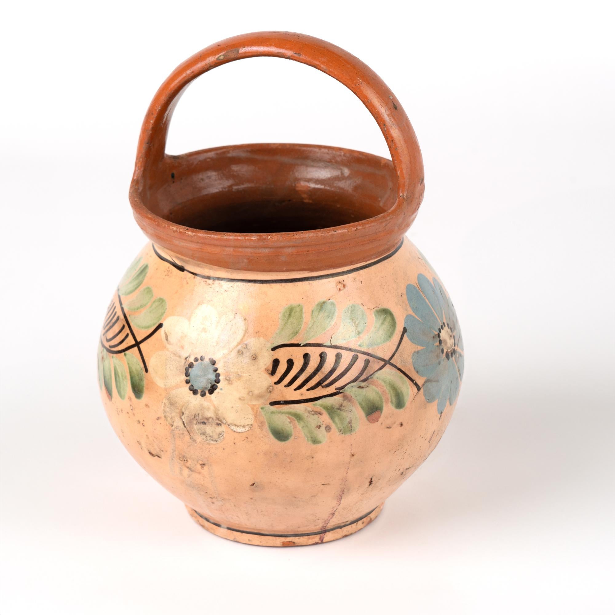 Rustic Hand Painted Earthenware Pottery With Arched Handle, Hungary 1900's For Sale