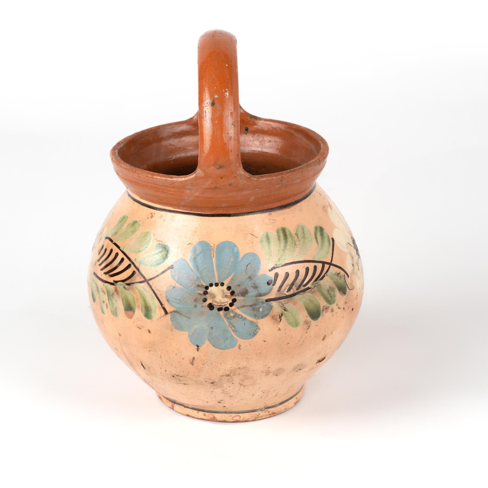 Hungarian Hand Painted Earthenware Pottery With Arched Handle, Hungary 1900's For Sale