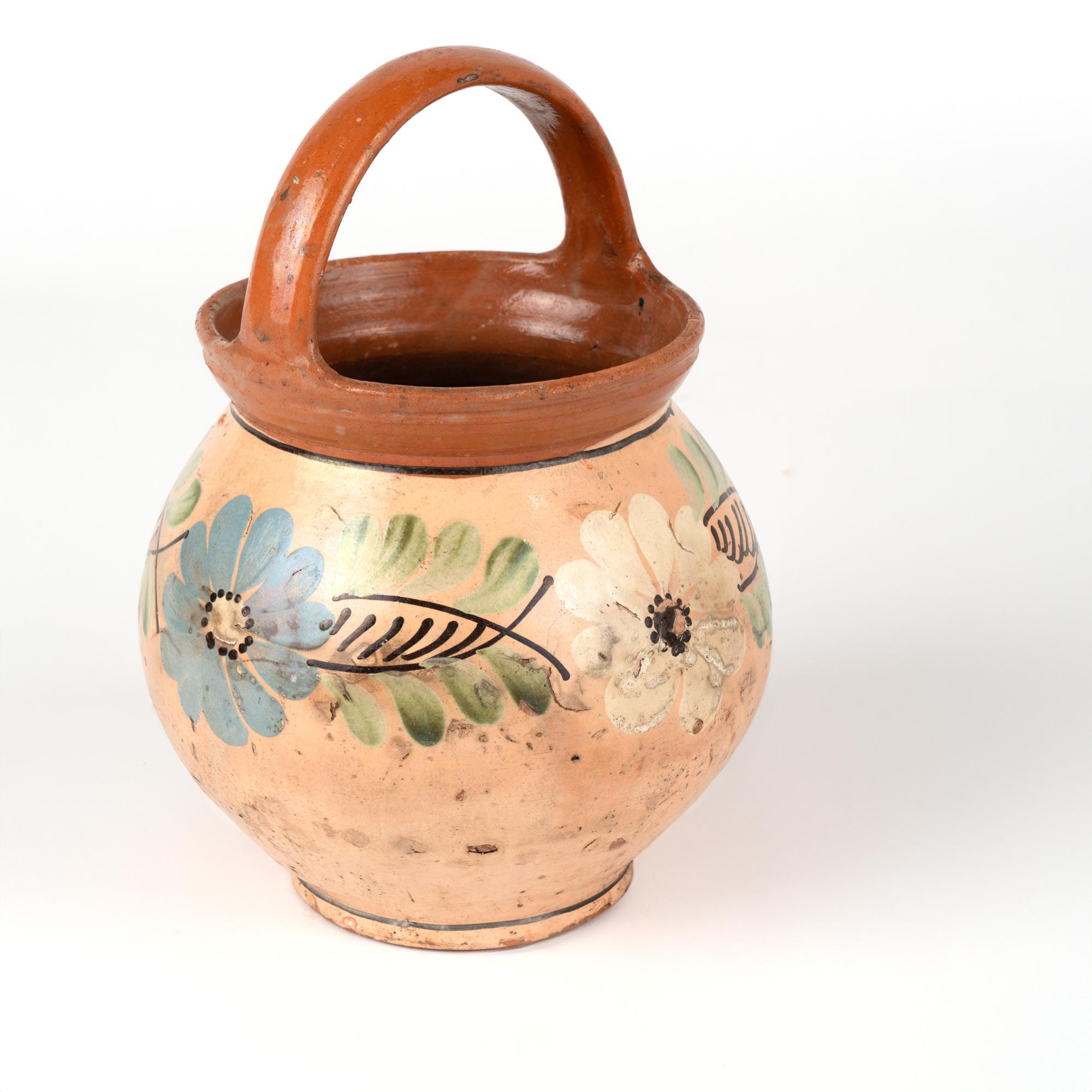 20th Century Hand Painted Earthenware Pottery With Arched Handle, Hungary 1900's For Sale