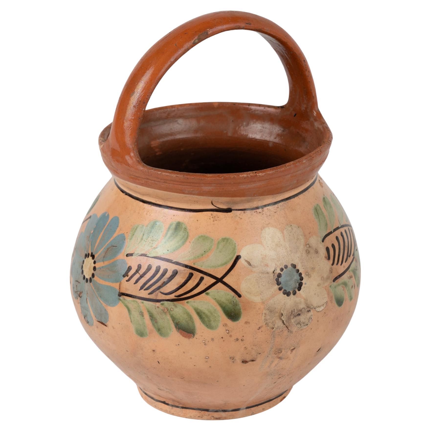Hand Painted Earthenware Pottery With Arched Handle, Hungary 1900's For Sale
