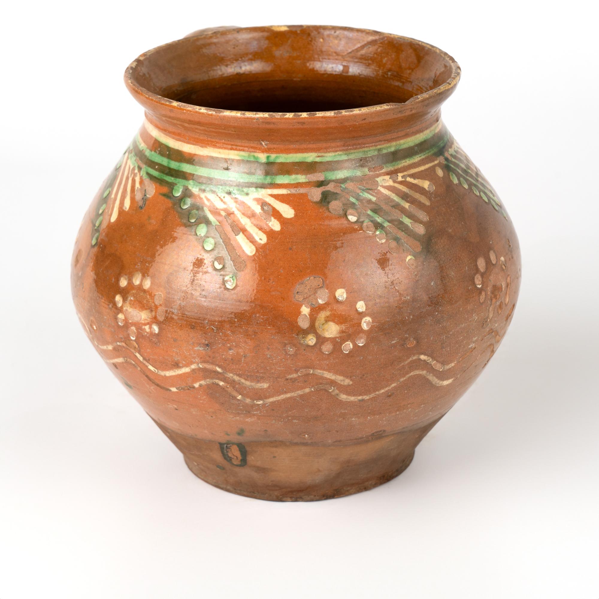 Folk Art Hand Painted Earthenware Pottery With Handle, circa 1900's