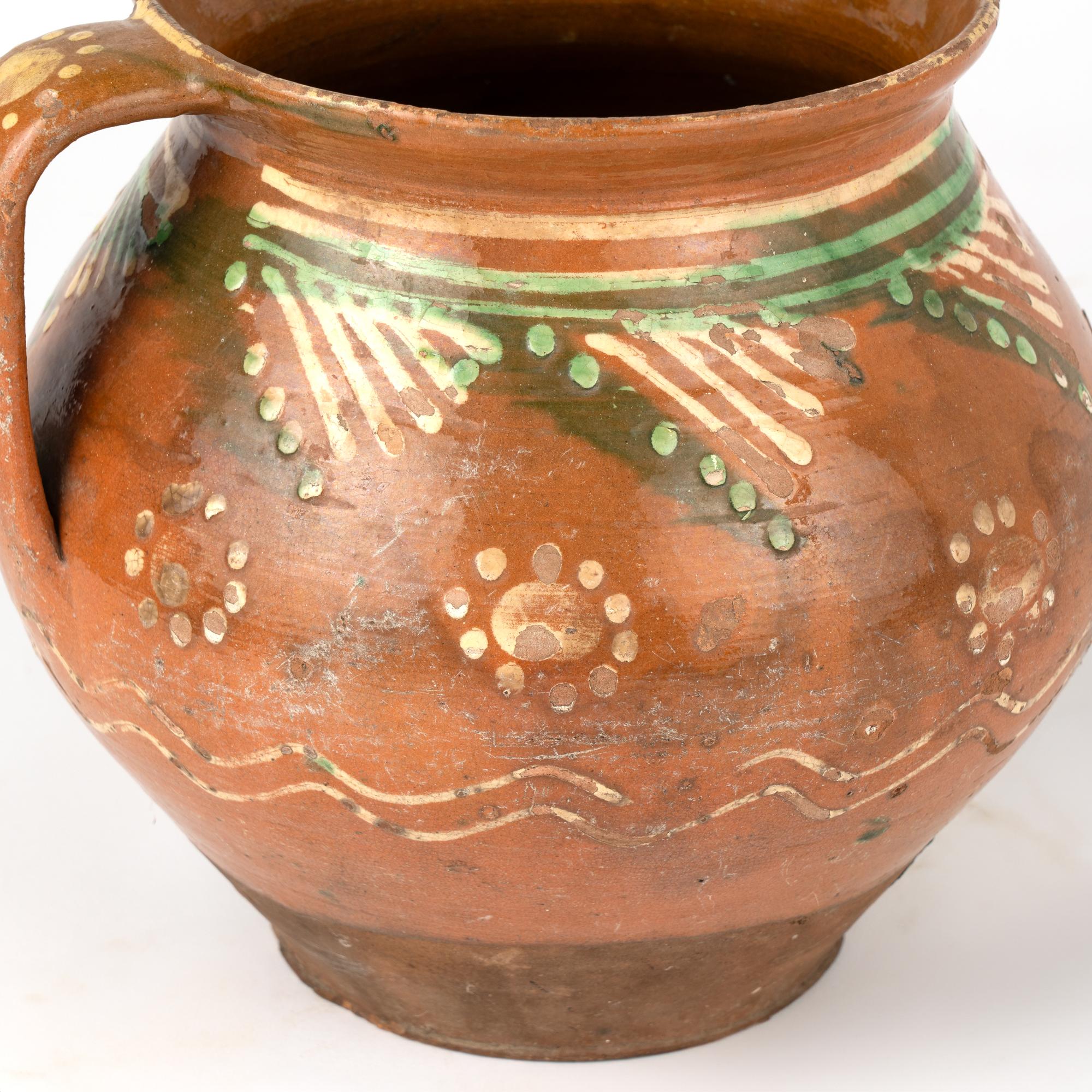 Hand Painted Earthenware Pottery With Handle, circa 1900's In Good Condition For Sale In Round Top, TX