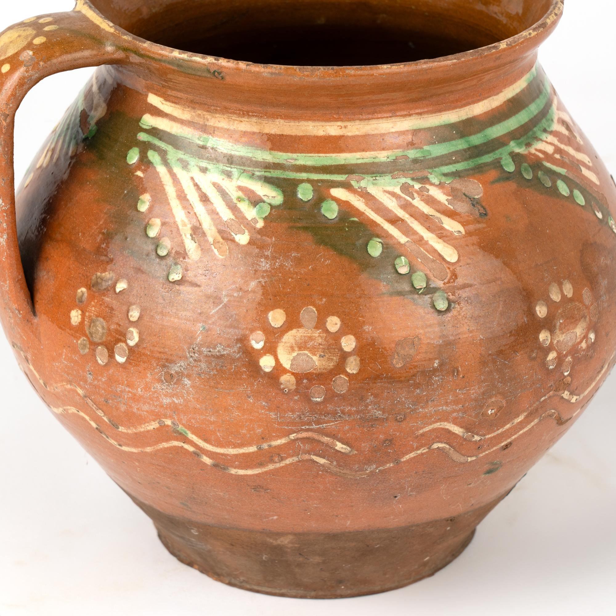 Hand Painted Earthenware Pottery With Handle, circa 1900's In Good Condition In Round Top, TX