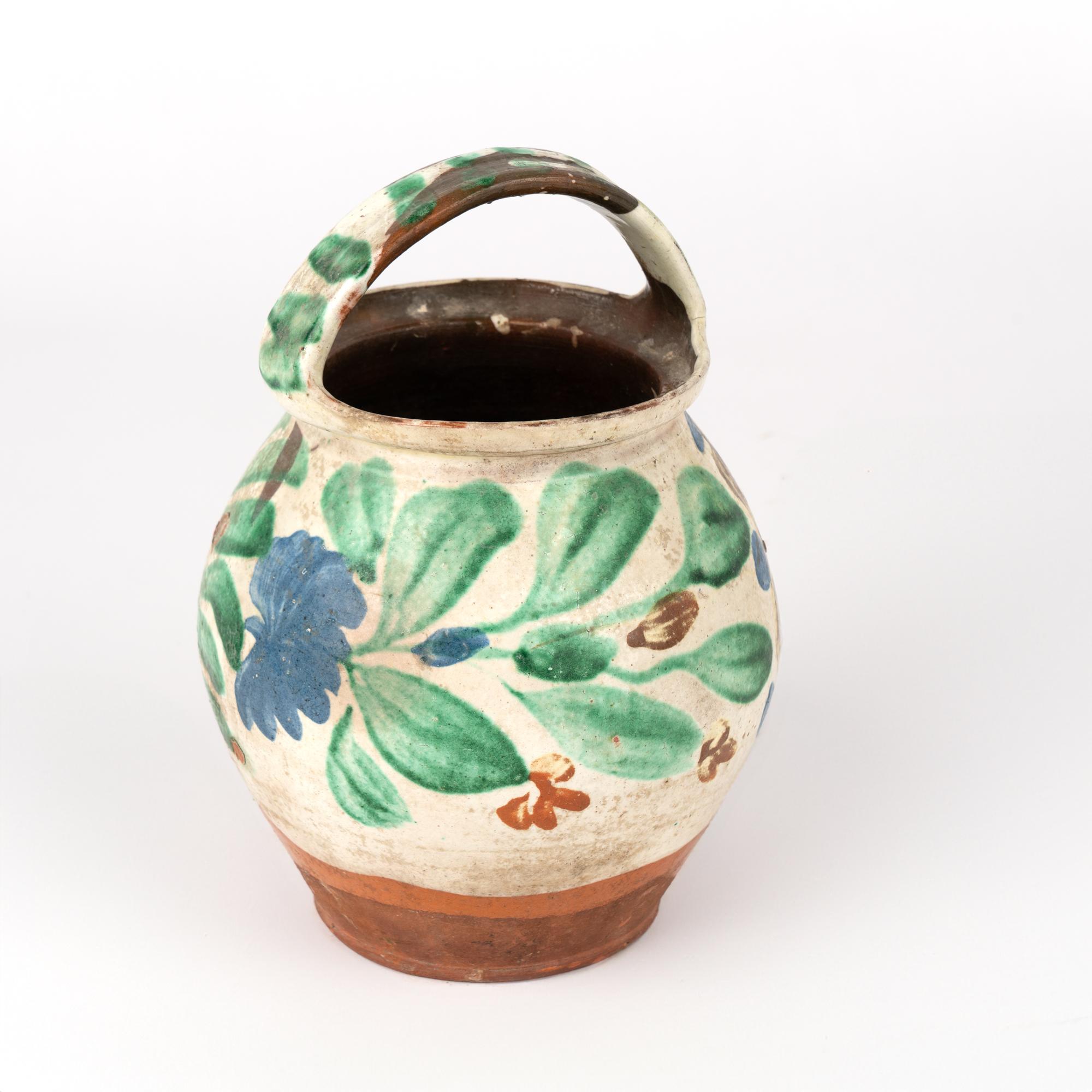Hand Painted Earthenware Pottery With Handle, Hungary 1900's For Sale 2