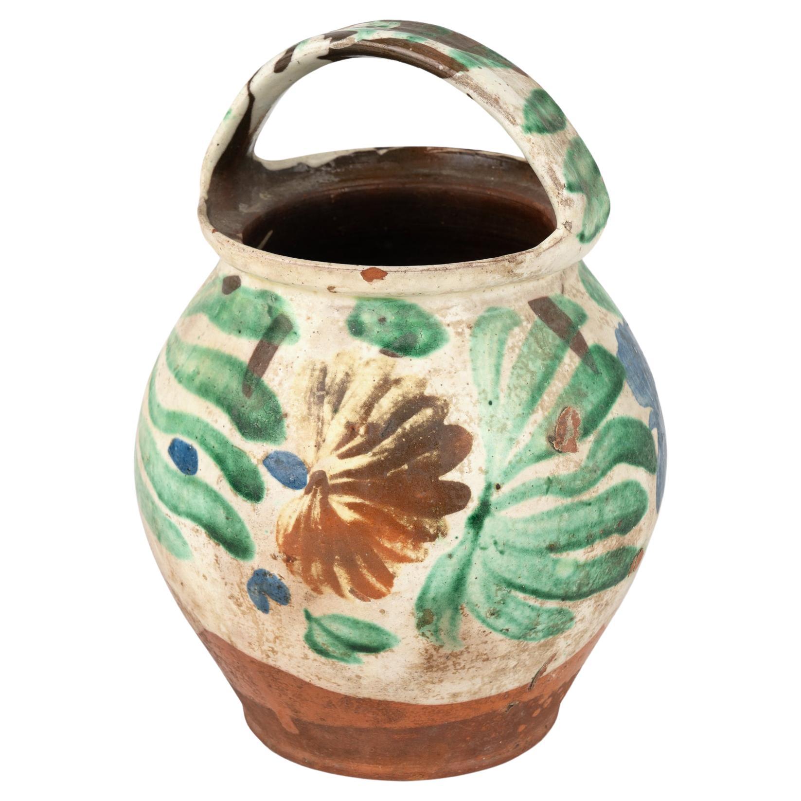 Hand Painted Earthenware Pottery With Handle, Hungary 1900's For Sale