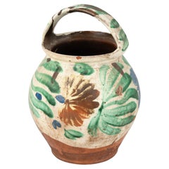 Antique Hand Painted Earthenware Pottery With Handle, Hungary 1900's