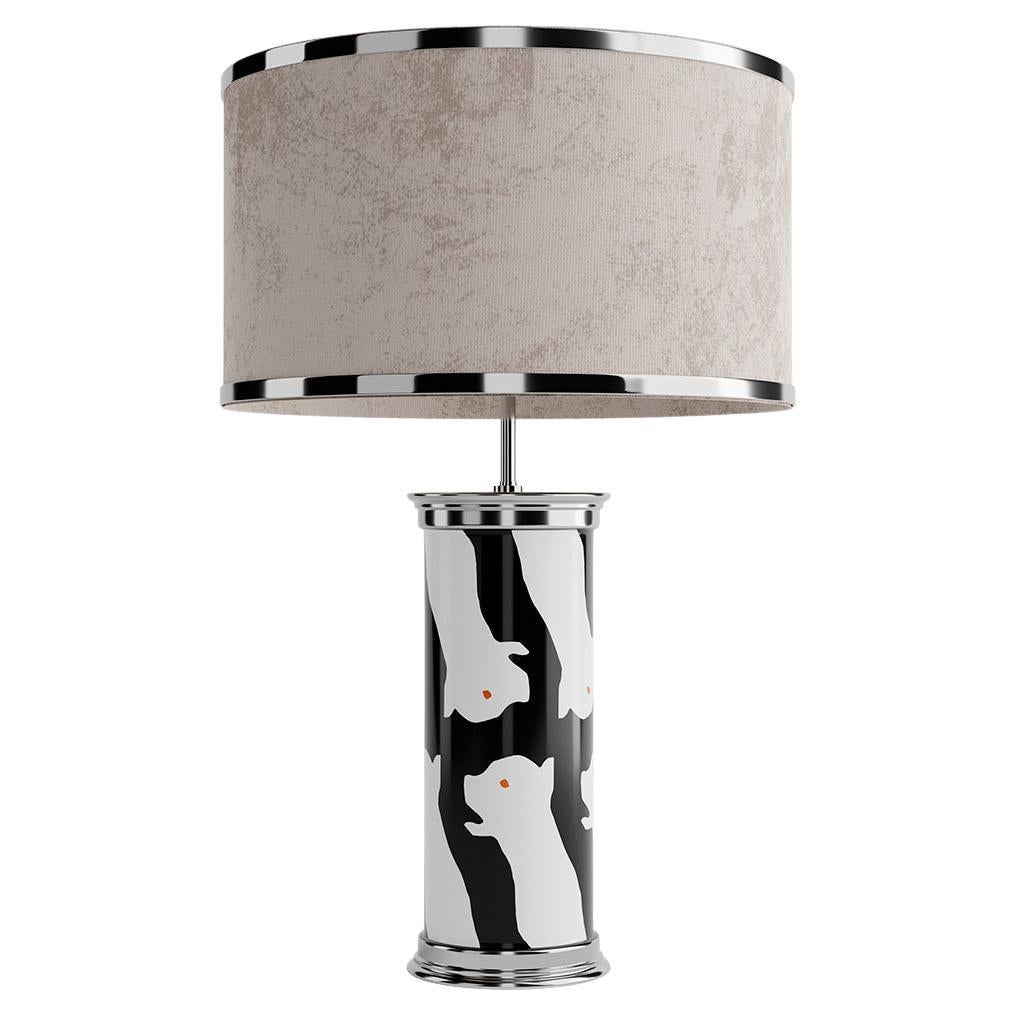 Handbemalte Eclipse-Tischlampe, eine handgefertigte graue, schwarze und weiße Deko-Lampe im Angebot
