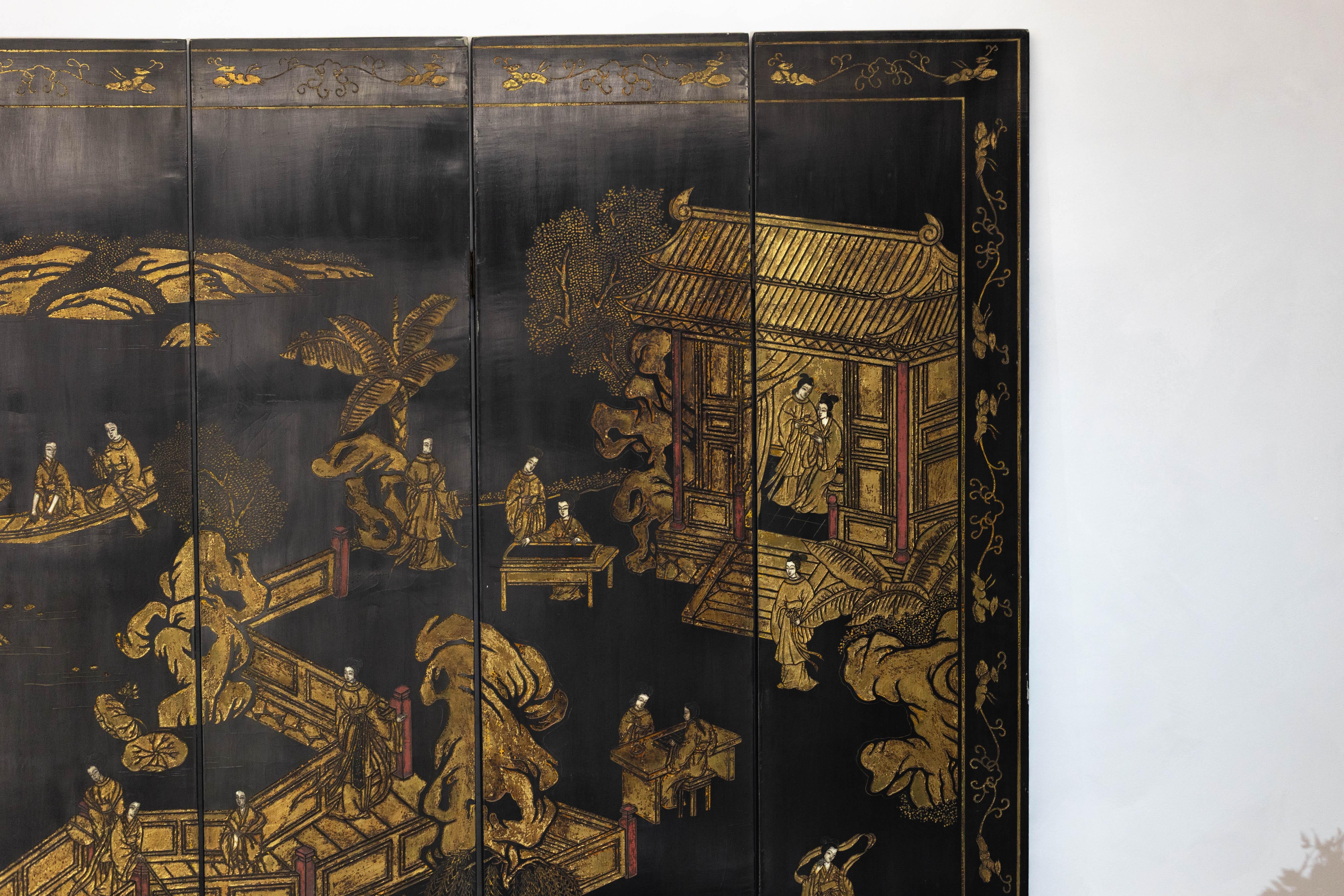 Hand-Painted Eight-Panel Black Lacquer Chinoiserie Screen with Gilt Court Scene For Sale 4