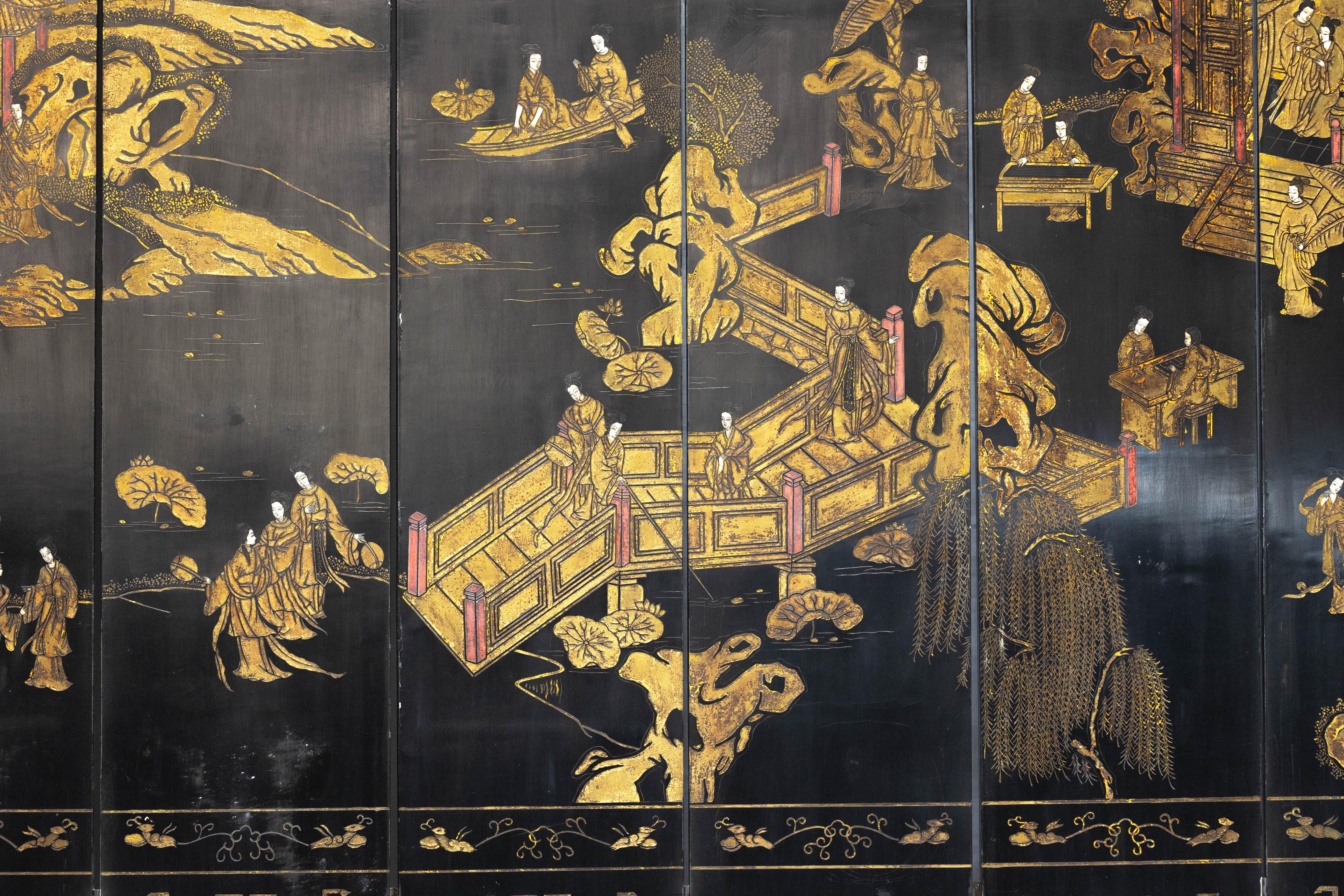 Hand-Painted Eight-Panel Black Lacquer Chinoiserie Screen with Gilt Court Scene For Sale 9