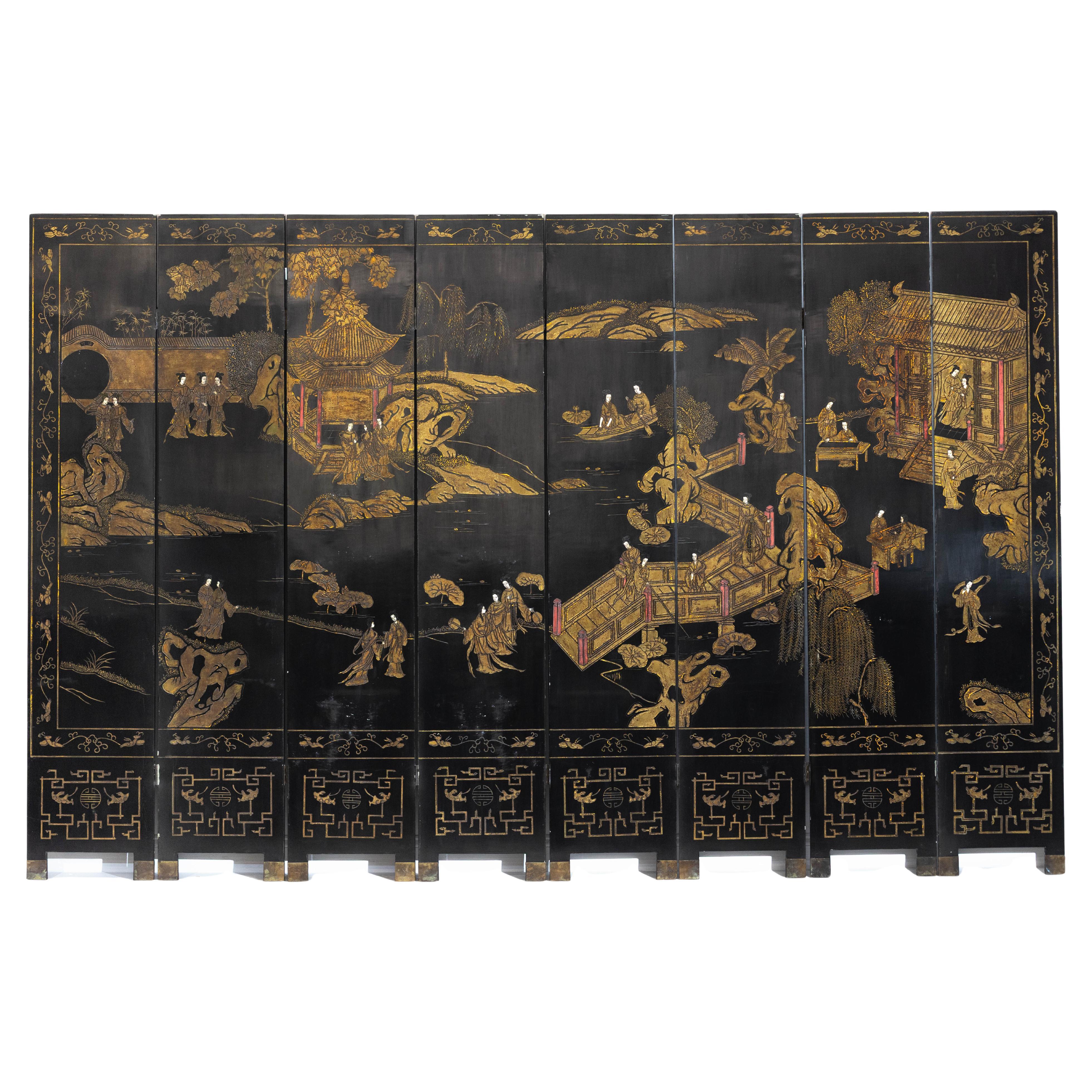 This exquisite eight-panel screen showcases hand-painted Chinoiserie artistry with gilded detailing, offering a striking visual narrative on both sides. The front depicts a serene courtly scene, where figures in traditional attire engage in daily