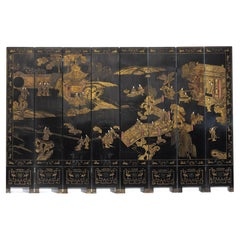 Hand-Painted Eight-Panel Black Lacquer Chinoiserie Screen with Gilt Court Scene