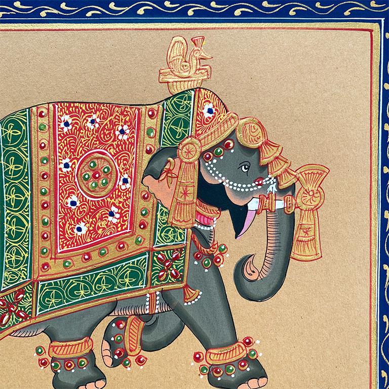20ième siècle Éléphant peint à la main en or Regalia sur papier, Inde en vente