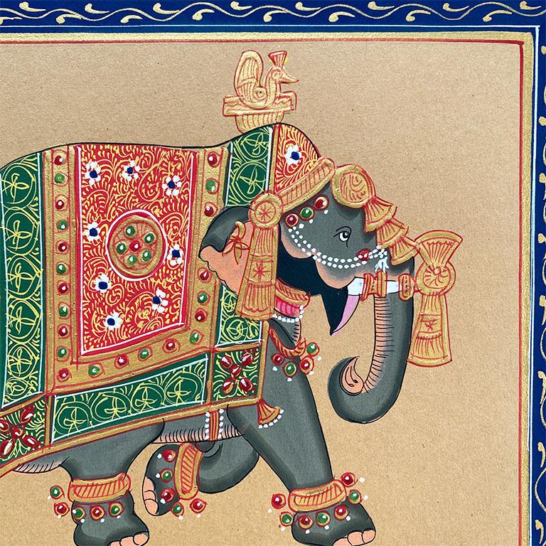 Hand Painted Elephant in Gold Regalia on Paper, India In Good Condition For Sale In Oklahoma City, OK