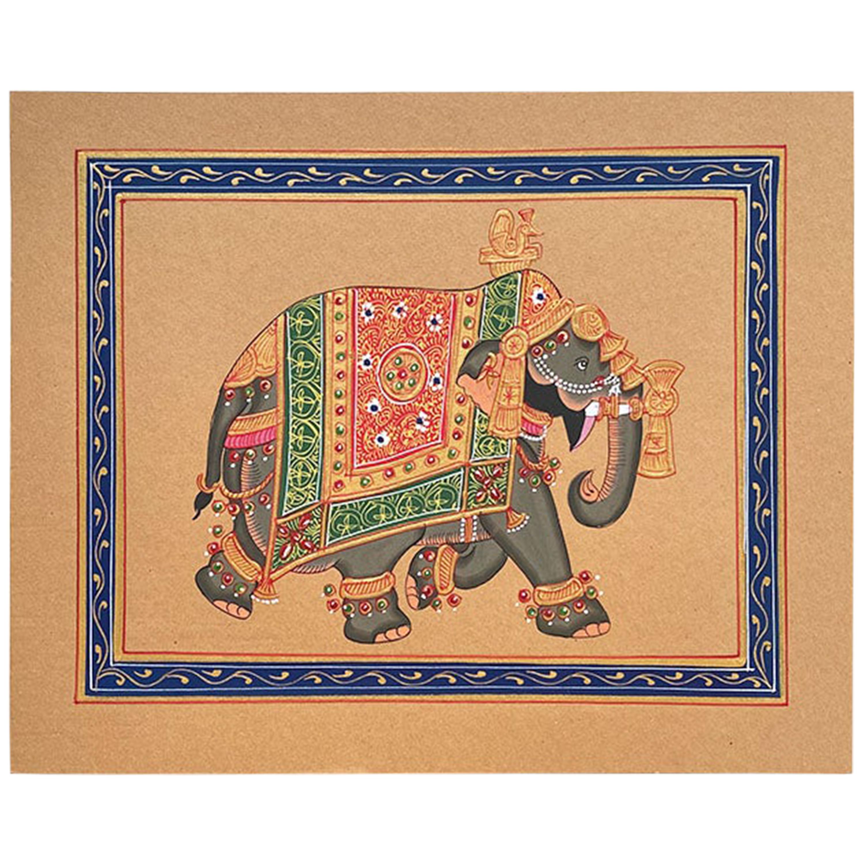Elefante dipinto a mano con regalia d'oro su carta, India