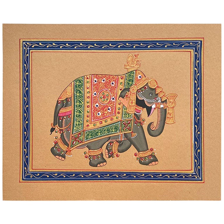 Hand Painted Elephant in Gold Regalia on Paper, India For Sale