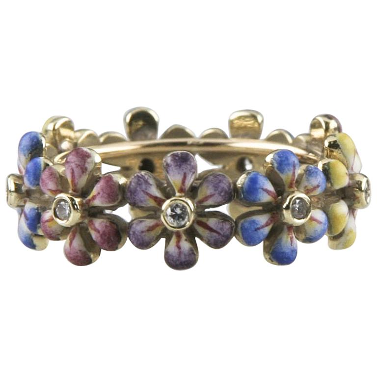 Hand Painted Enamel and Diamond Flower Ring by SJS in Yellow Gold For Sale