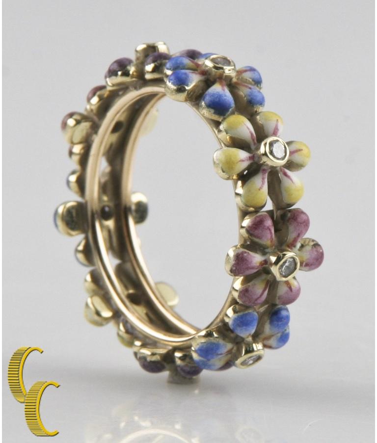 Hand Painted Enamel and Diamond Flower Ring by SJS in Yellow Gold For