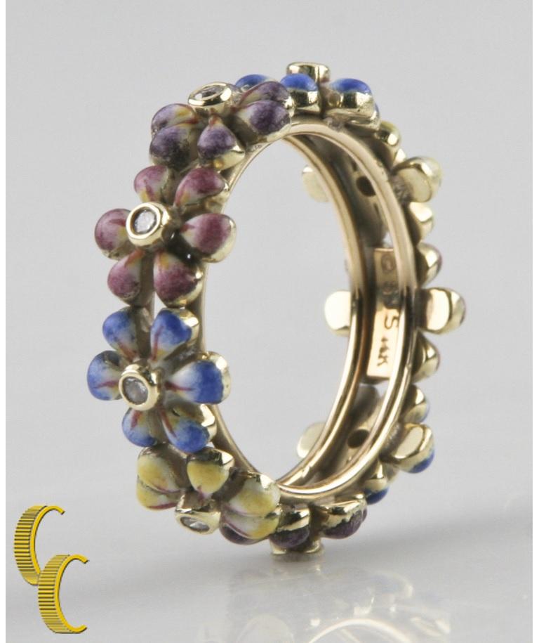 Hand Painted Enamel and Diamond Flower Ring by SJS in Yellow Gold For Sale 1