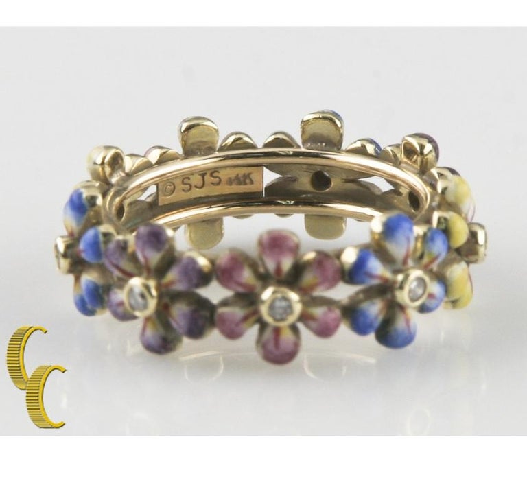 Hand Painted Enamel and Diamond Flower Ring by SJS in Yellow Gold For