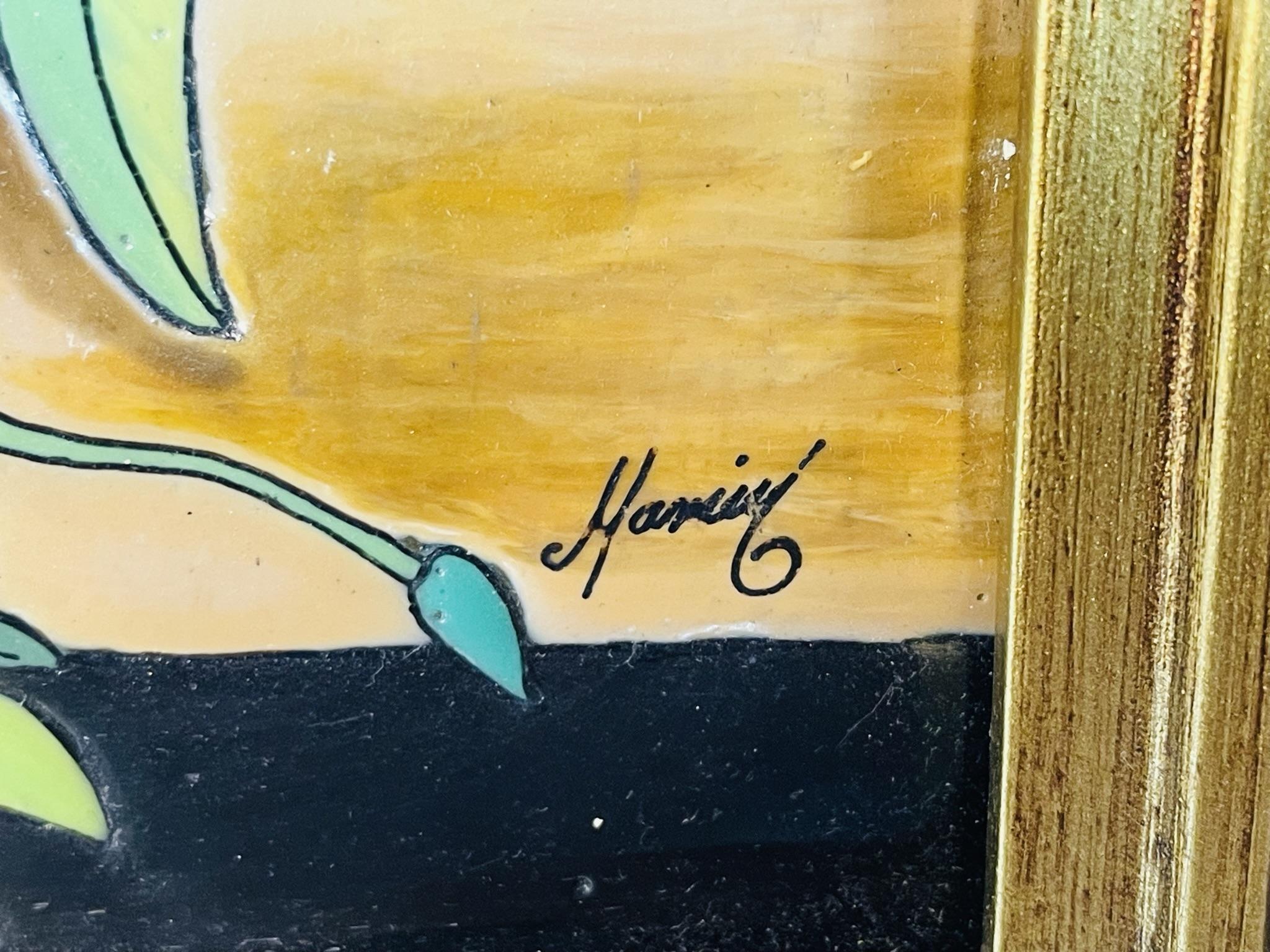 Hand-Painted Enamel Floral Painting, Spanish School, 20th Century, Signed Maciel For Sale 5