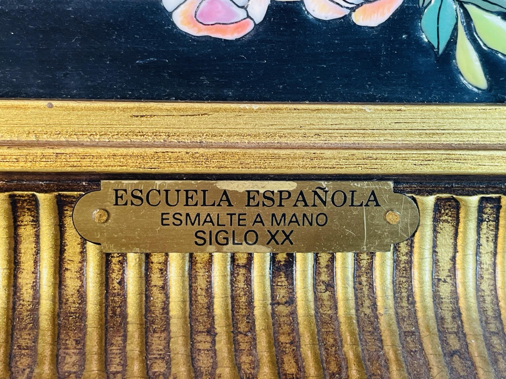 Hand-Painted Enamel Floral Painting, Spanish School, 20th Century, Signed Maciel For Sale 6
