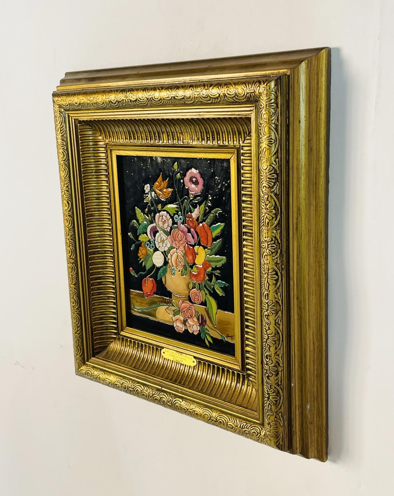 Organic Modern Hand-Painted Enamel Floral Painting, Spanish School, 20th Century, Signed Maciel For Sale