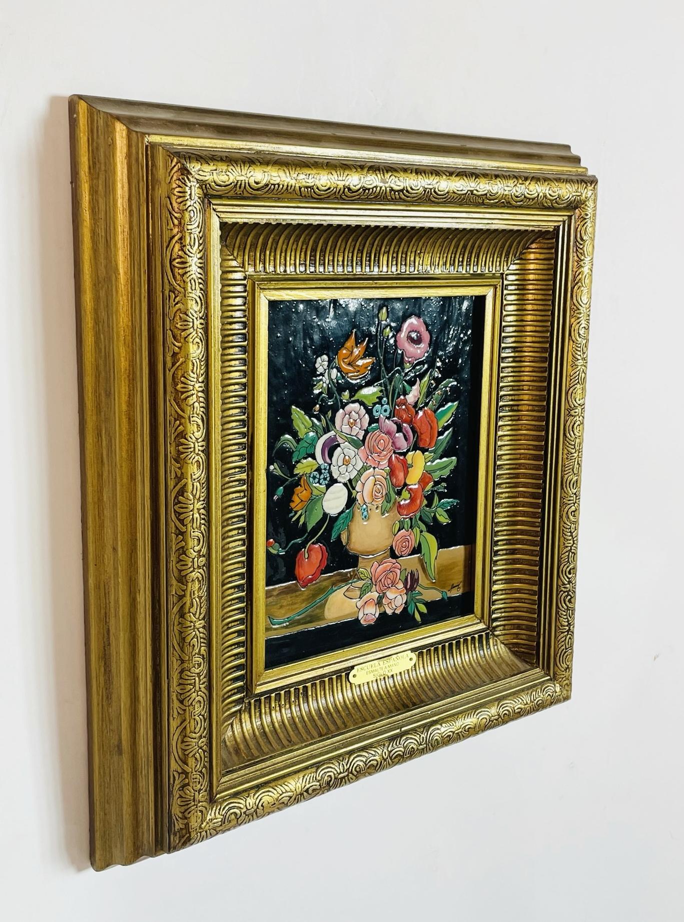 Mexican Hand-Painted Enamel Floral Painting, Spanish School, 20th Century, Signed Maciel For Sale