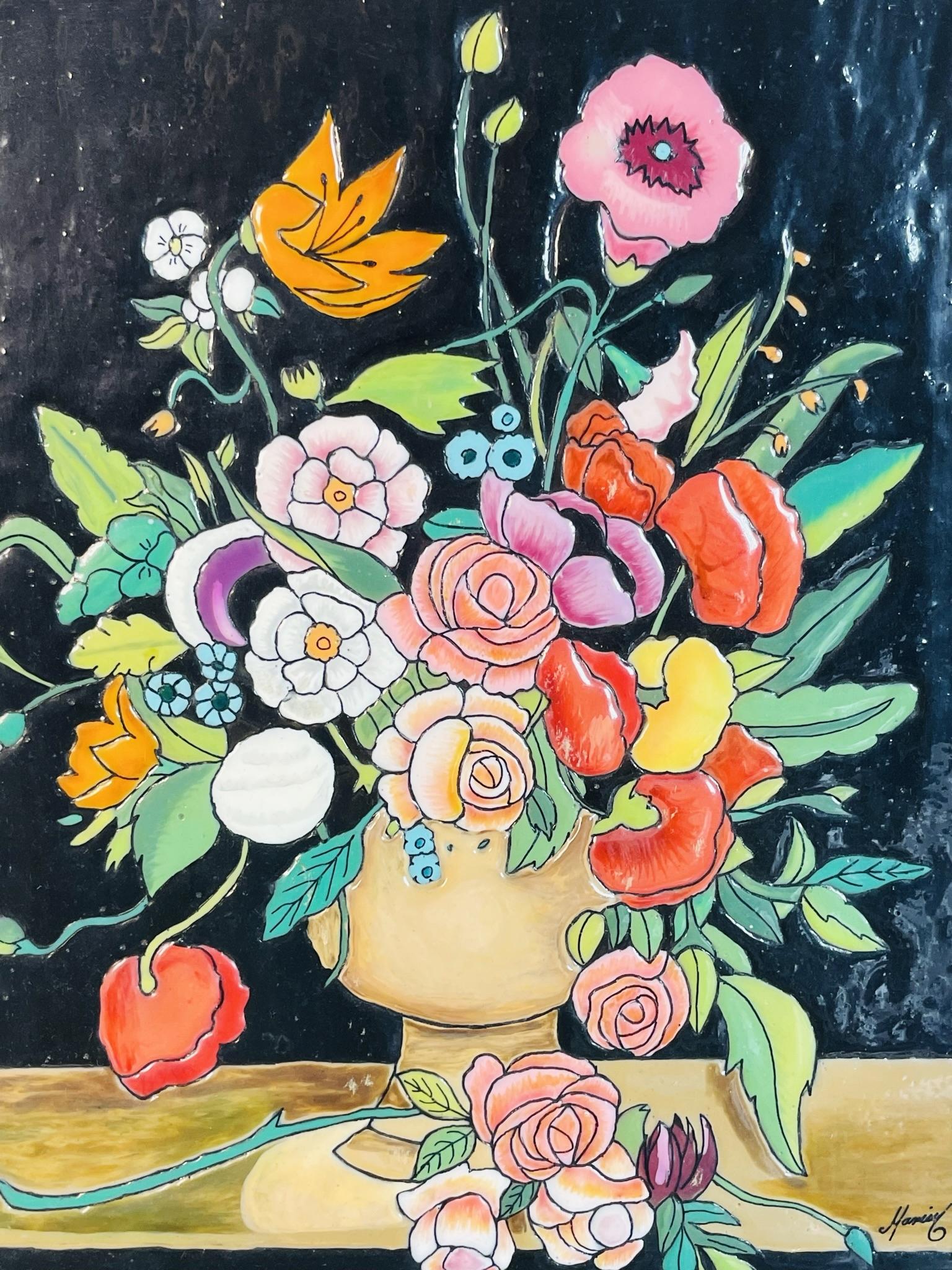 Hand-Painted Enamel Floral Painting, Spanish School, 20th Century, Signed Maciel In Good Condition For Sale In Los Angeles, CA