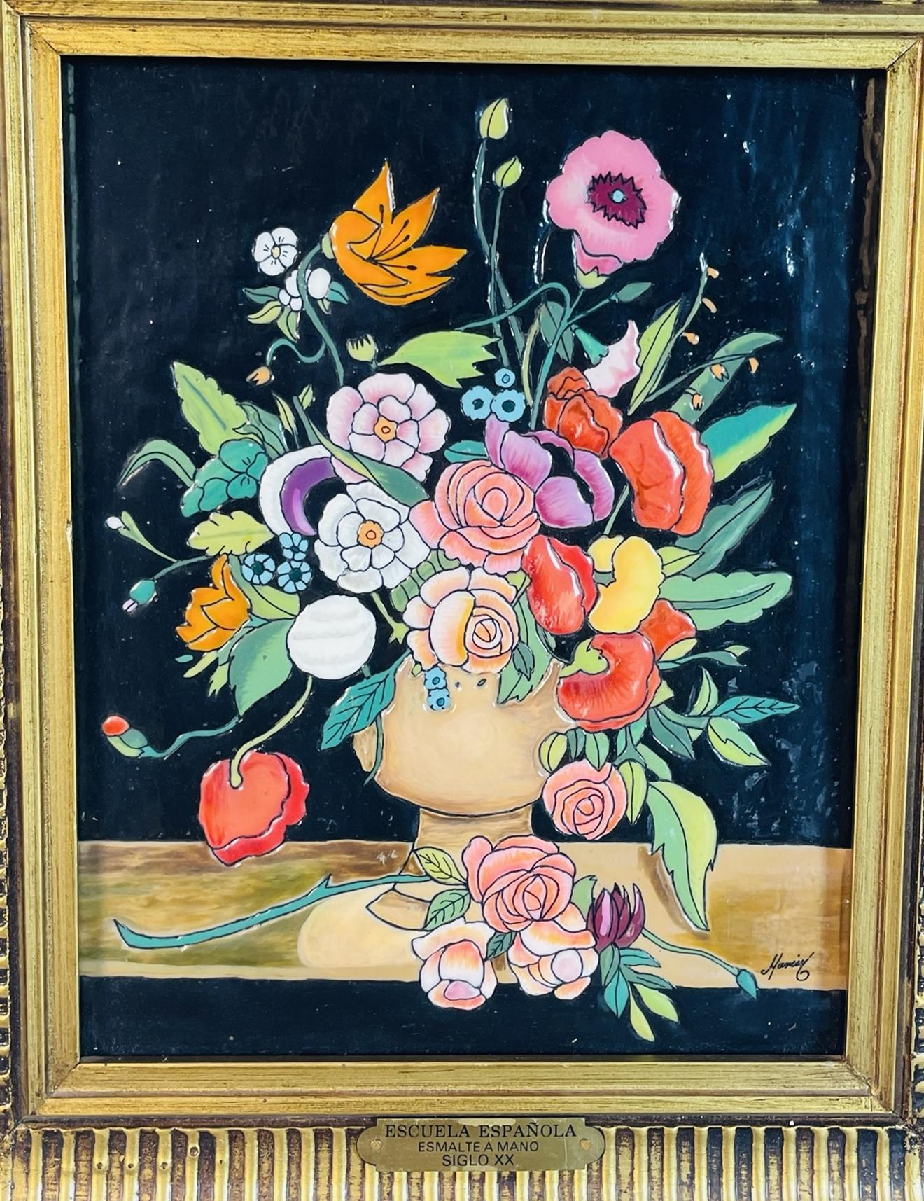 Mid-20th Century Hand-Painted Enamel Floral Painting, Spanish School, 20th Century, Signed Maciel For Sale