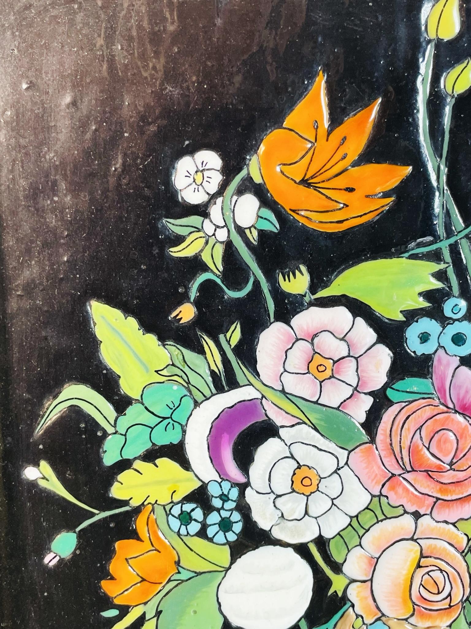 Hand-Painted Enamel Floral Painting, Spanish School, 20th Century, Signed Maciel For Sale 1