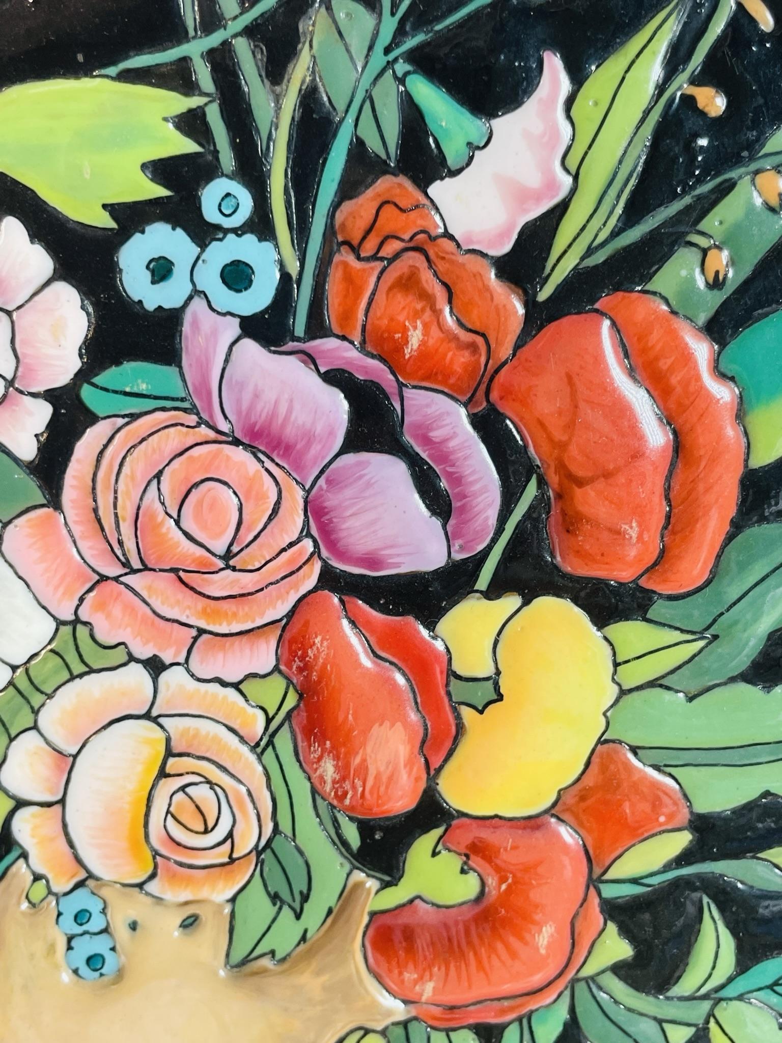 Hand-Painted Enamel Floral Painting, Spanish School, 20th Century, Signed Maciel For Sale 2