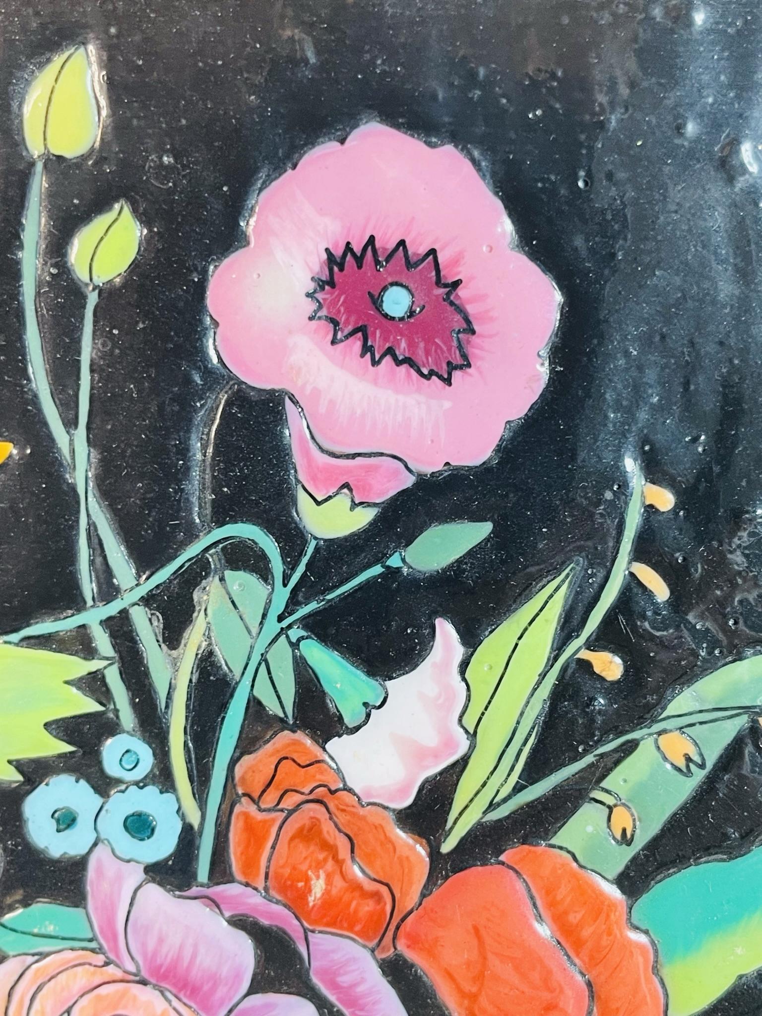 Hand-Painted Enamel Floral Painting, Spanish School, 20th Century, Signed Maciel For Sale 3