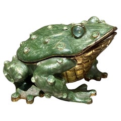 Hand-Painted Enameled Pewter Frog Trinket Box Accented Green Austrian Crystals
