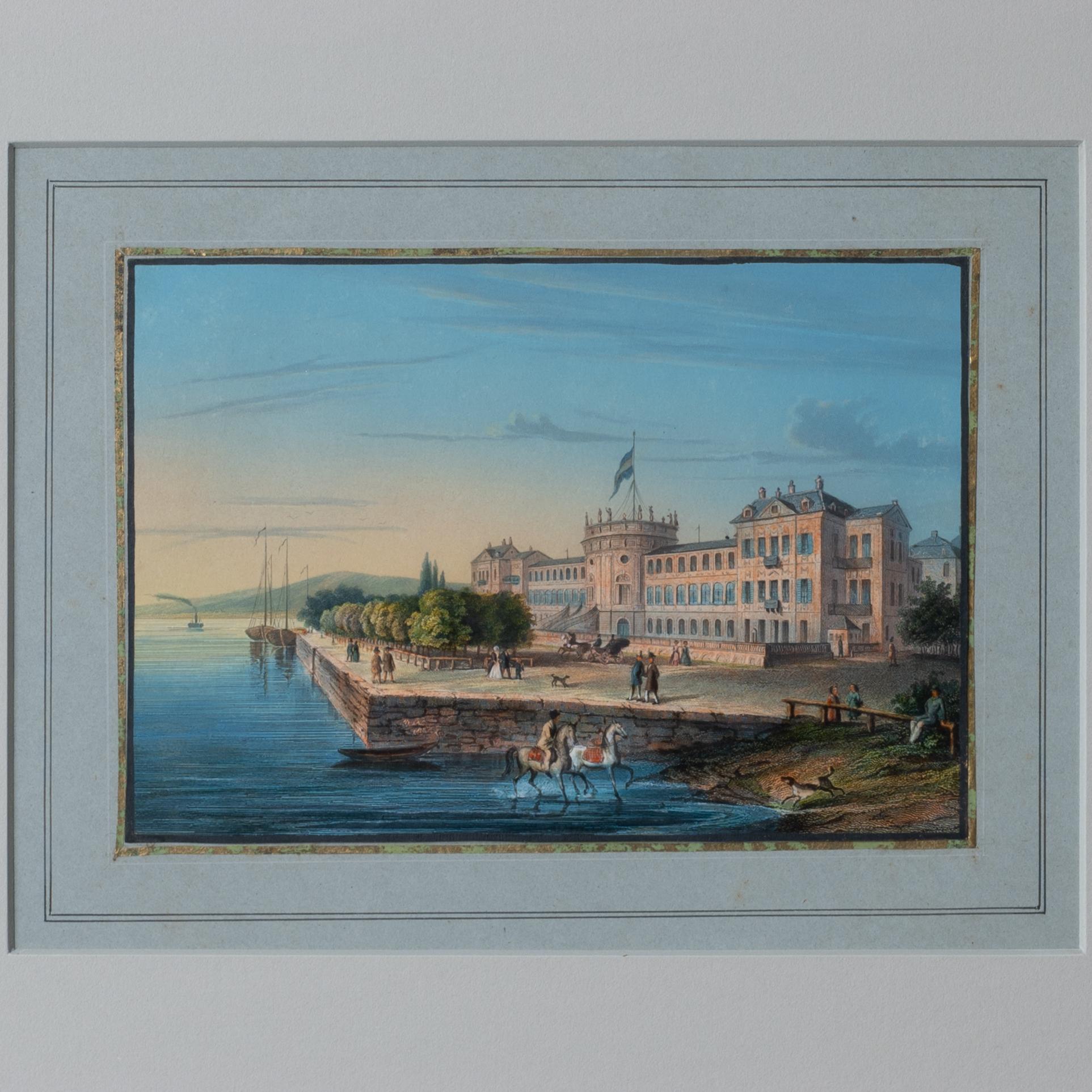 19th Century Hand-Painted Engravings of Wiesbaden after Jan Simon Voddiggel, 1852 For Sale