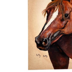 Hand-Painted Equestrian Horse Portrait on Board, Signed B. My, Mid-Century