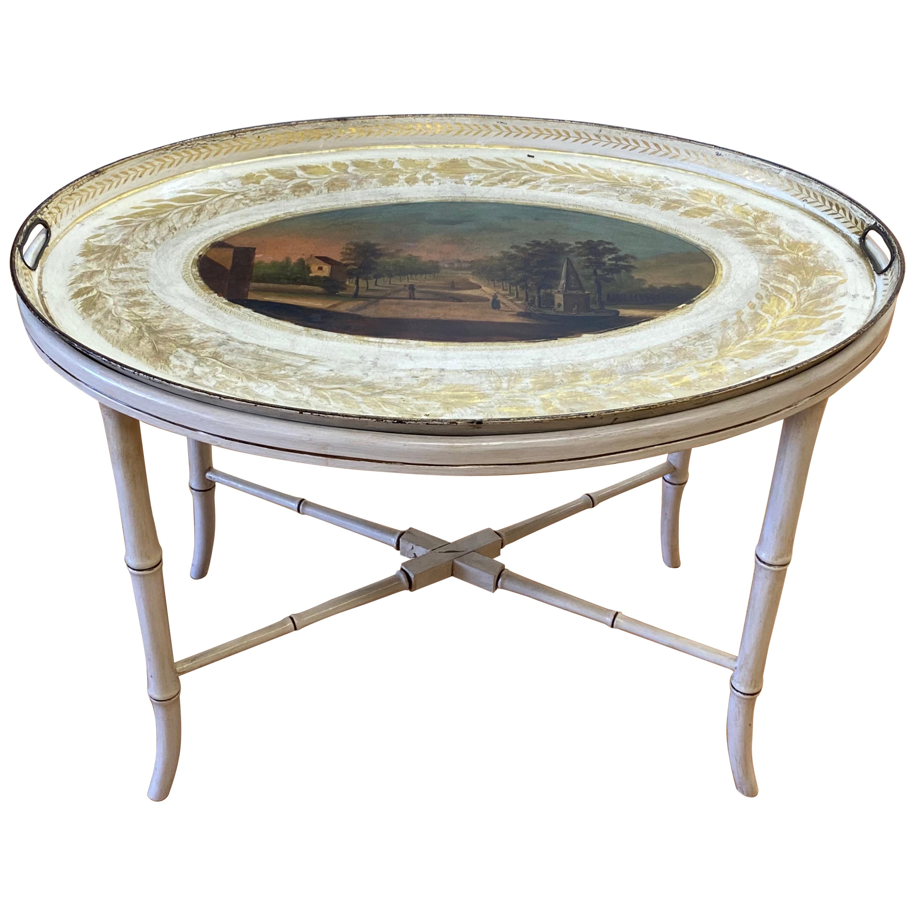 Escena de jardín europea pintada a mano sobre soporte de metal con inserto de cristal, hacia 1940 en venta