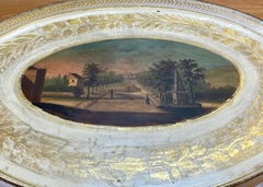 Hand Painted European Garden Scene on Metal Stand with Glass Insert, circa 1940