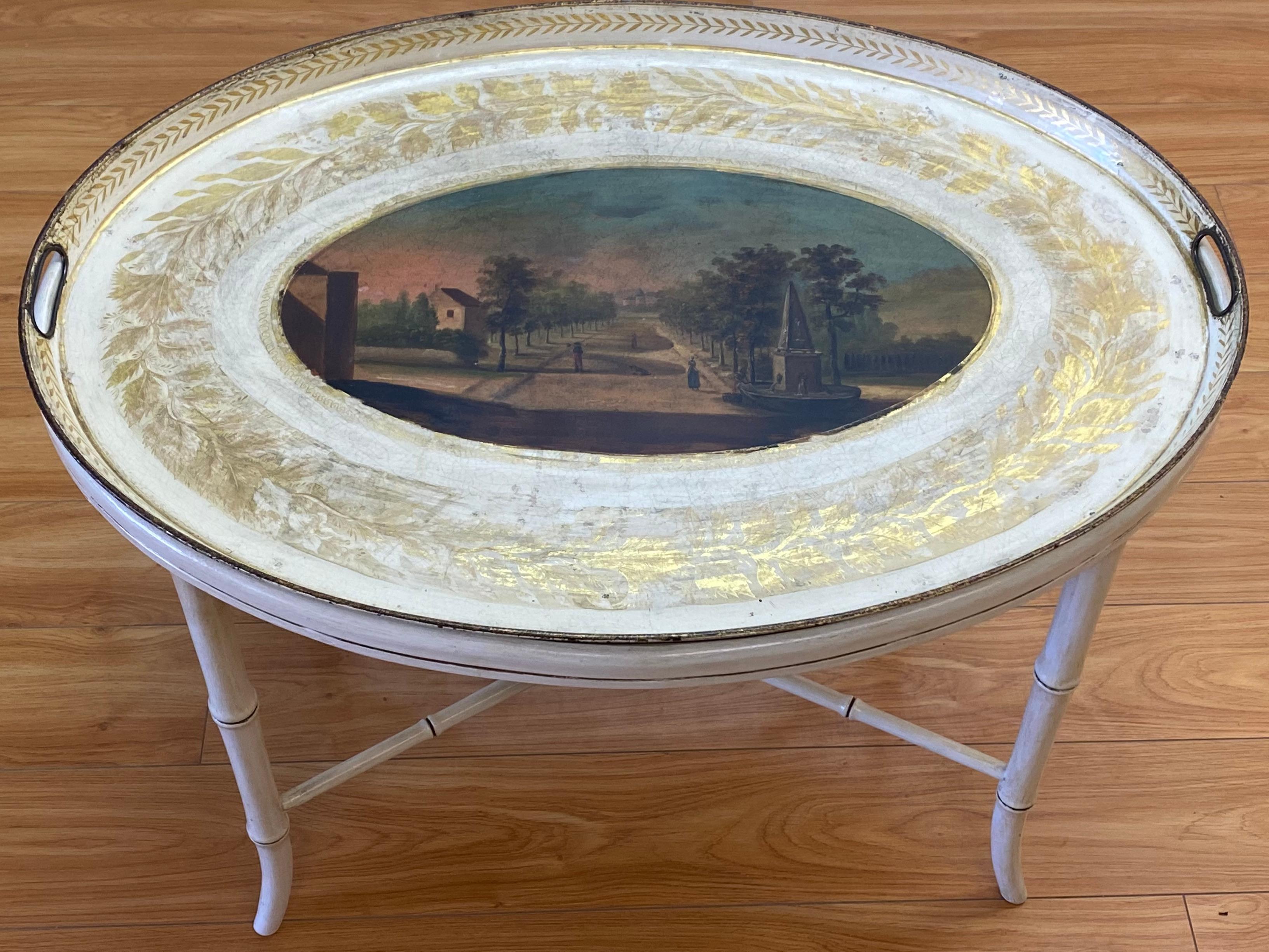 Hand-Painted Hand Painted European Garden Scene on Metal Stand with Glass Insert, circa 1940 For Sale