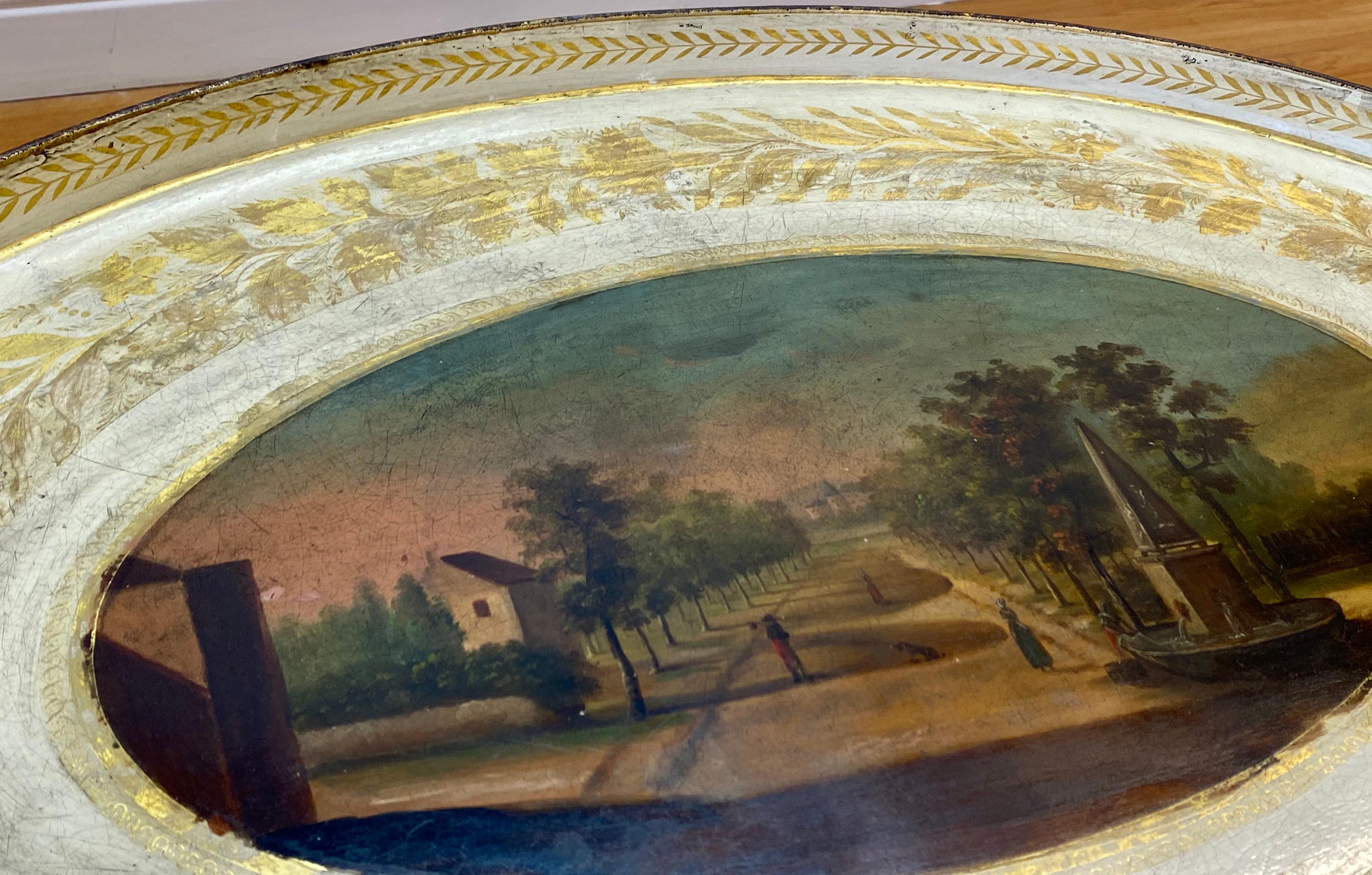 20th Century Hand Painted European Garden Scene on Metal Stand with Glass Insert, circa 1940 For Sale