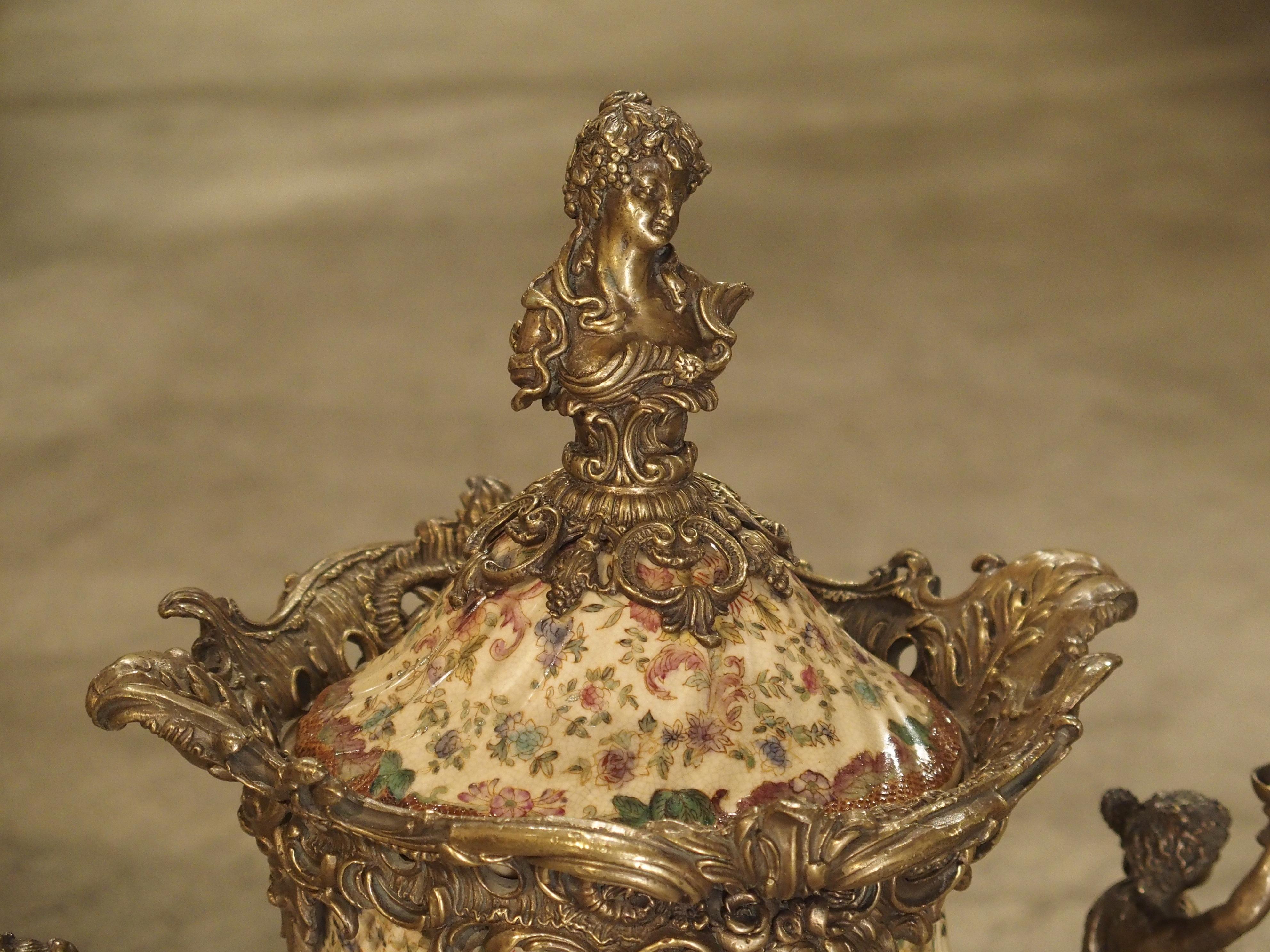 Louis XV Hand-Painted Faience and Gilt Bronze Mounted Urn