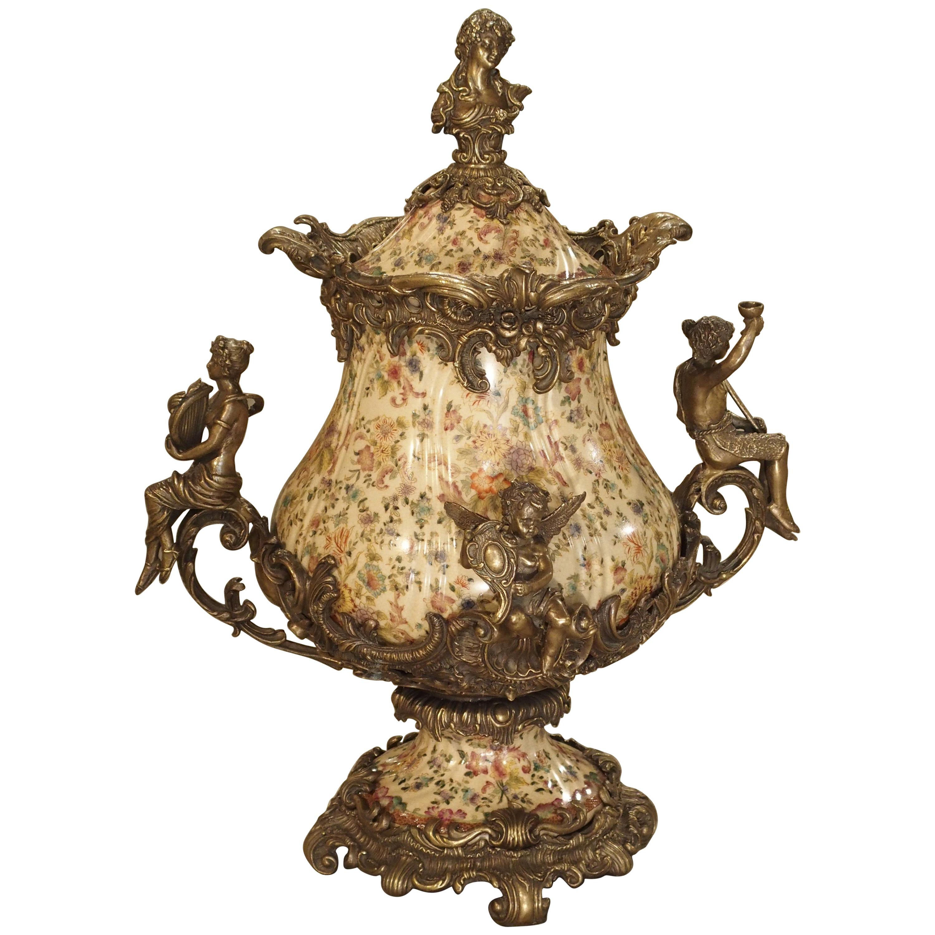Hand-Painted Faience and Gilt Bronze Mounted Urn