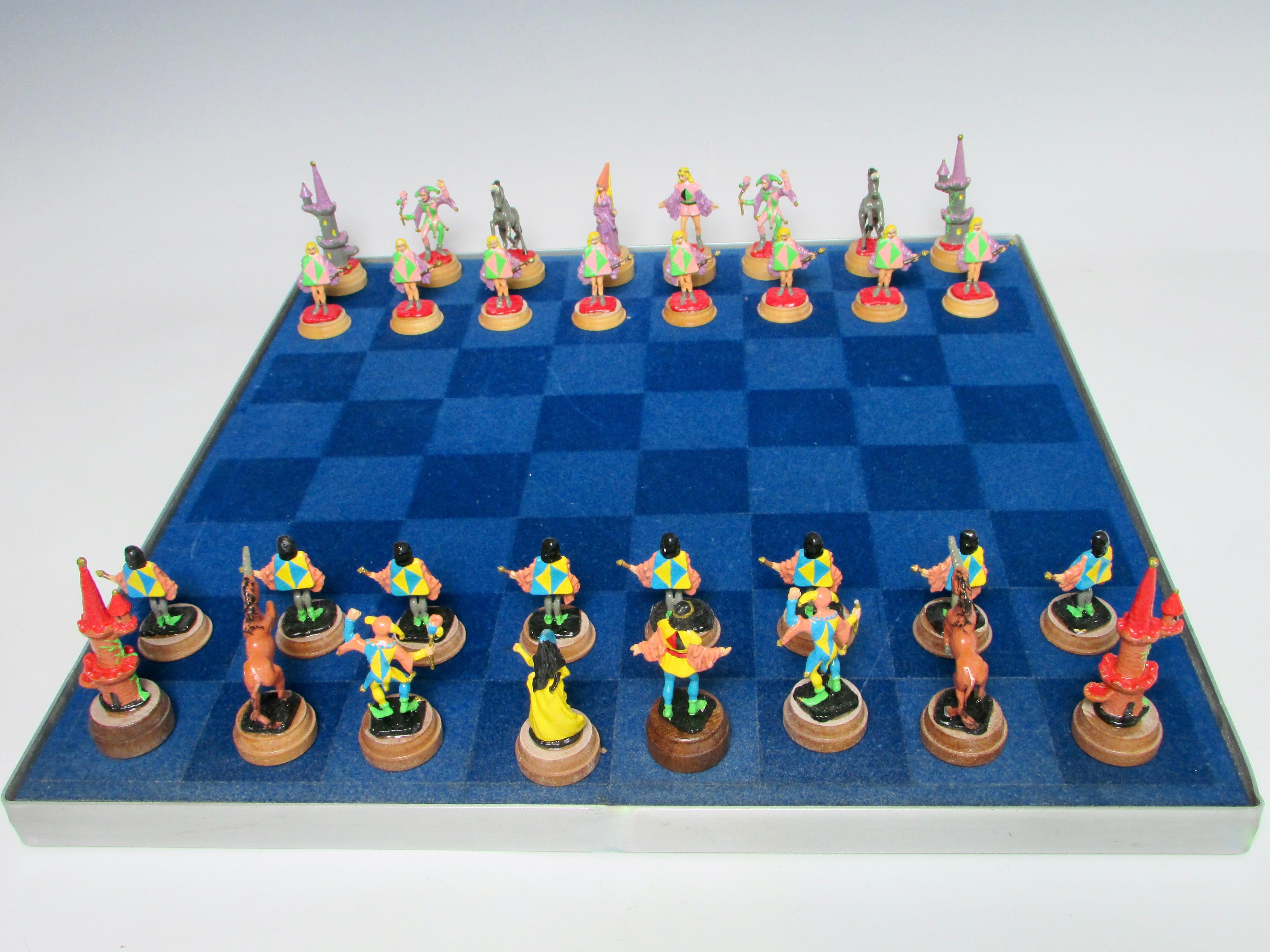 20th Century Hand Painted Fantasy Chess Pieces with Kings Queens Jesters Castles Unicorns For Sale