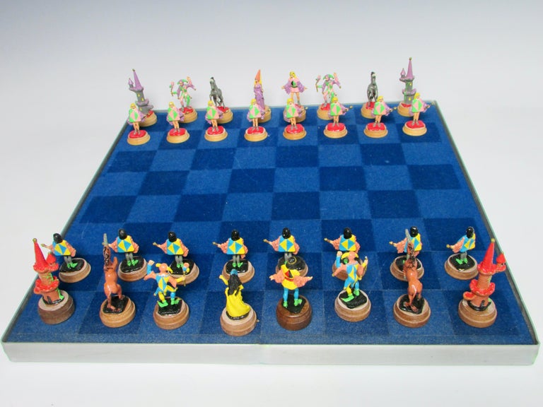 Hand Painted Fantasy Chess Pieces with Kings Queens Jesters Castles