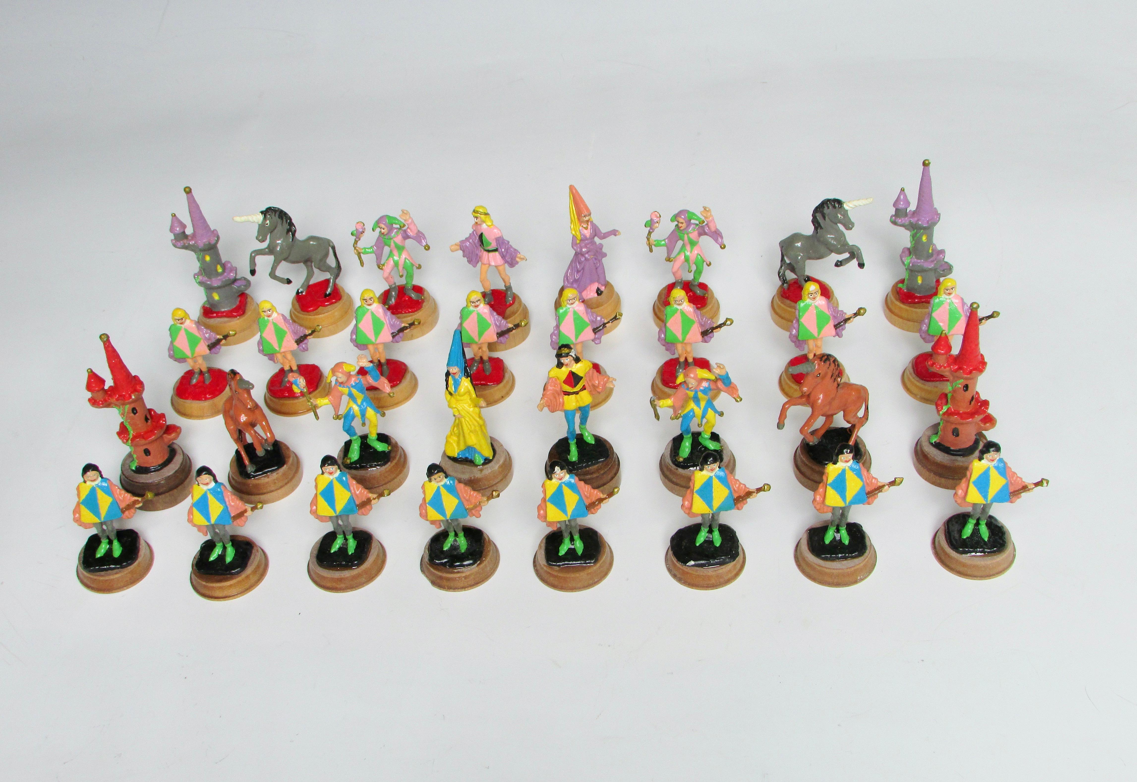 Lead Hand Painted Fantasy Chess Pieces with Kings Queens Jesters Castles Unicorns For Sale