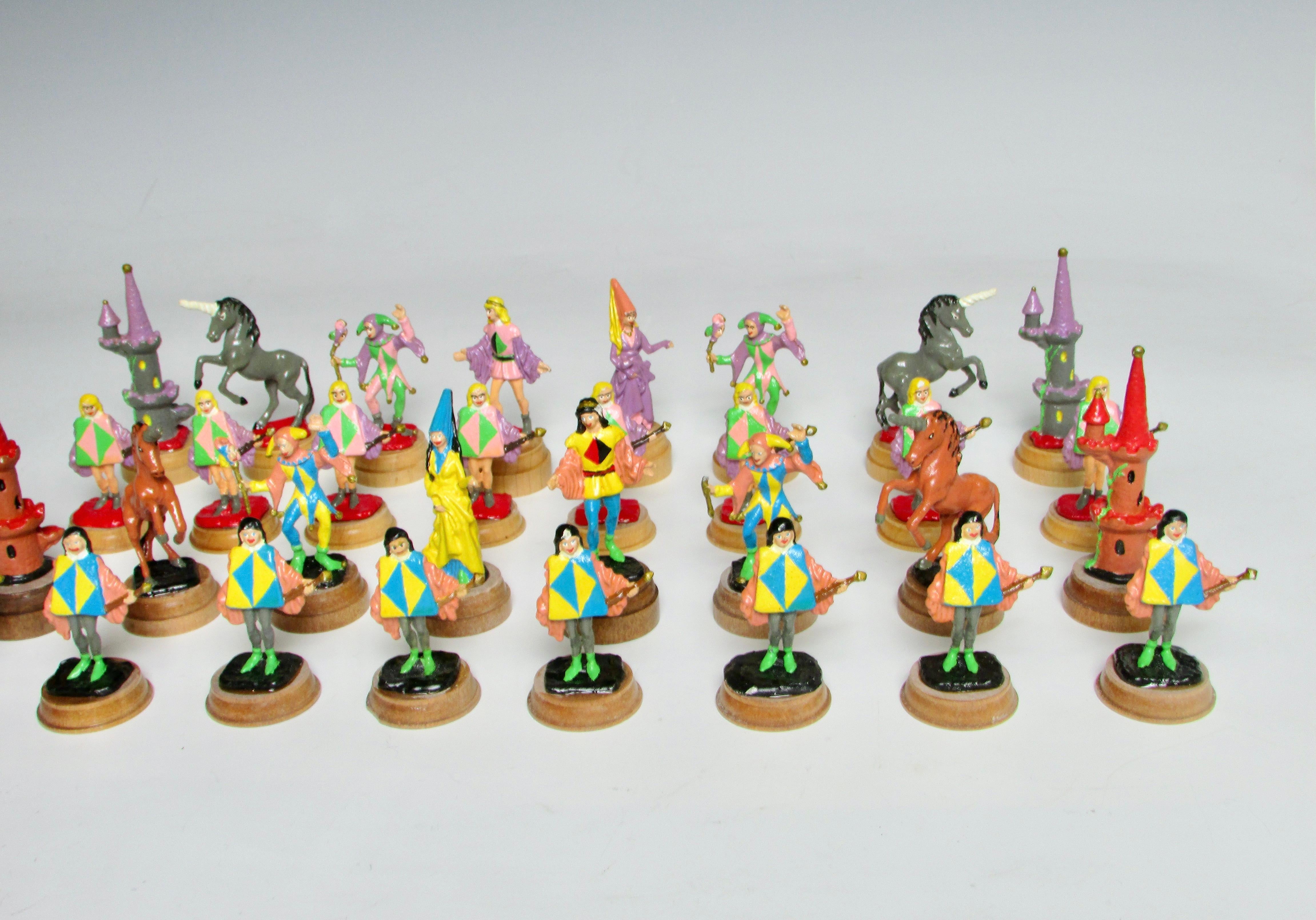 Hand Painted Fantasy Chess Pieces with Kings Queens Jesters Castles Unicorns For Sale 1